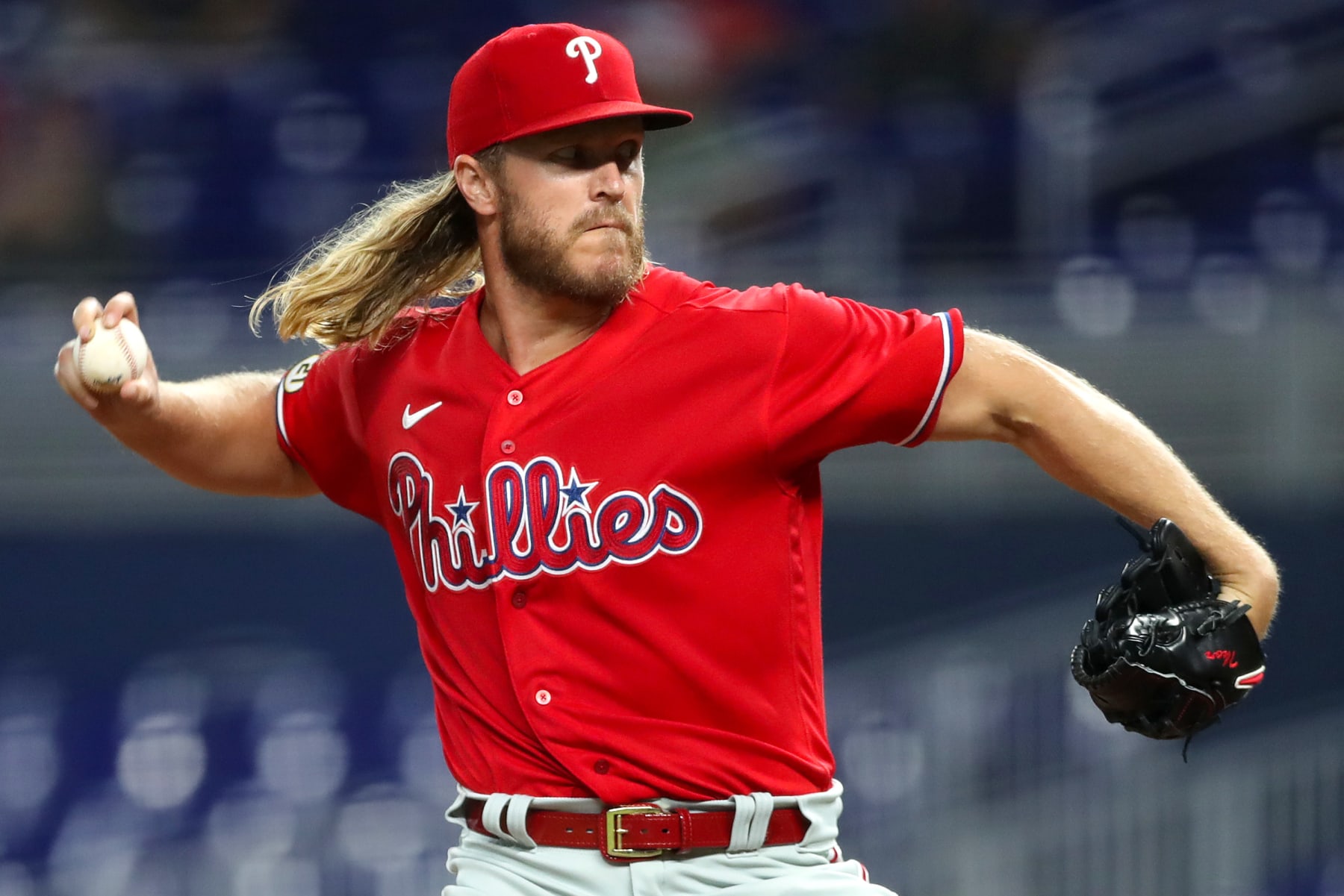MIAMI, FLORIDA - SEPTEMBER 15: Noah Syndergaard #43 of the Philadelphia Phillies delivers a pitch during the first inning against the Miami Marlins at loanDepot park on September 15, 2022 in Miami, Florida. (Photo by Megan Briggs/Getty Images)
