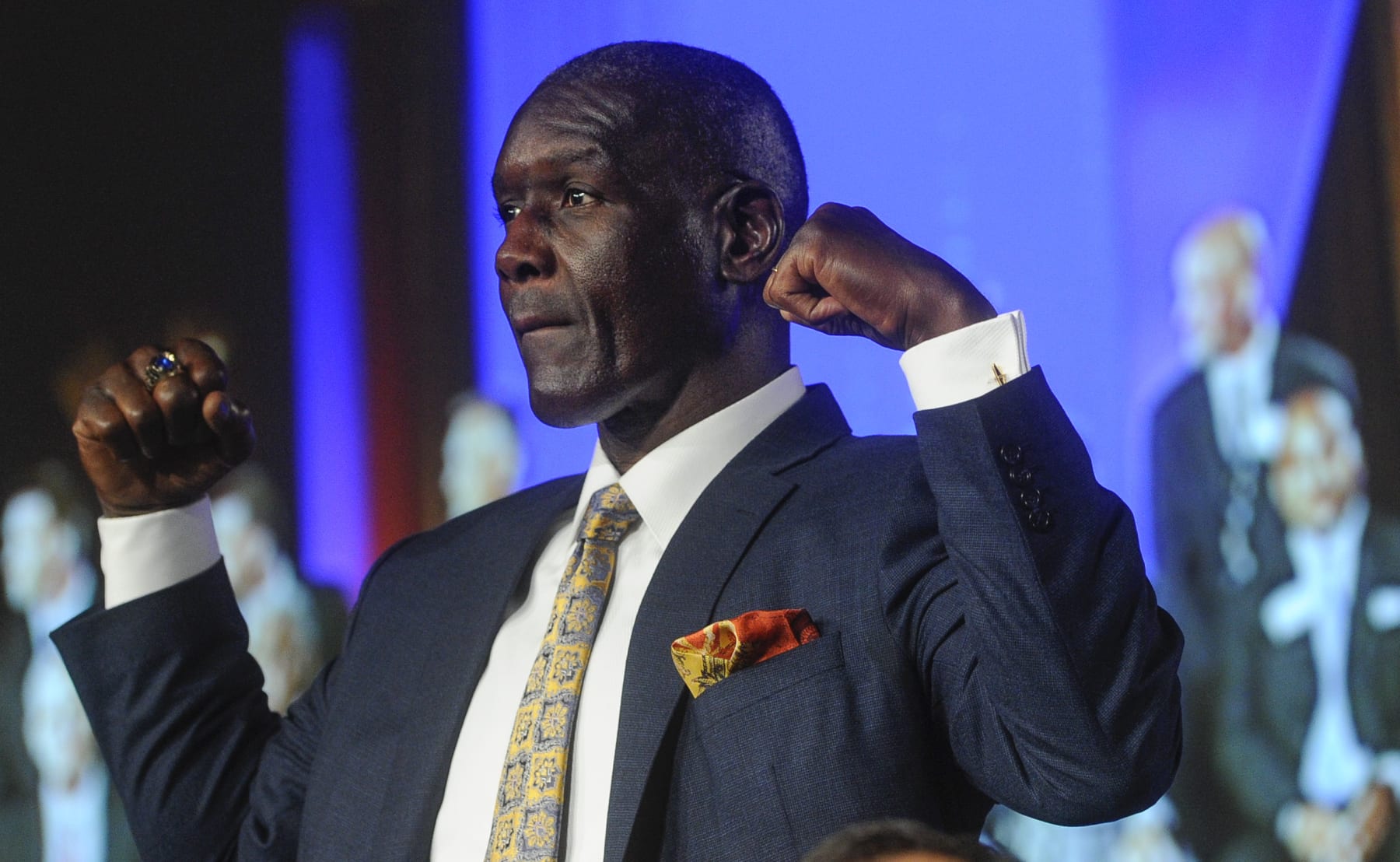 Inductee Shelby Jordan, a former linebacker from Washington University in St. Louis, is recognized during the National Football Foundation enshrinement ceremony held Wednesday, Aug. 28, 2013, in Atlanta. (AP Photo/John Amis)