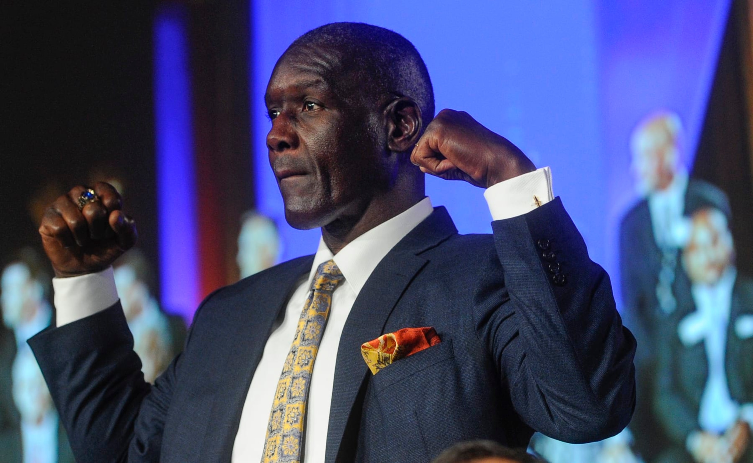 Inductee Shelby Jordan, a former linebacker from Washington University in St. Louis, is recognized during the National Football Foundation enshrinement ceremony held Wednesday, Aug. 28, 2013, in Atlanta. (AP Photo/John Amis)