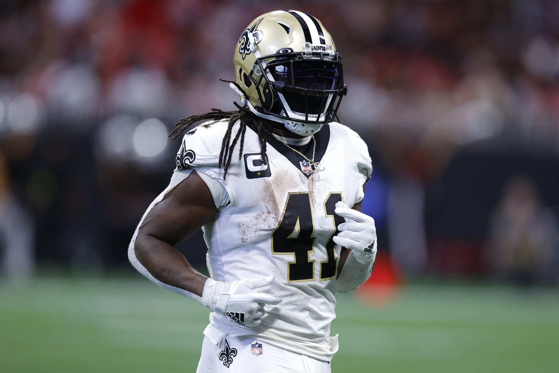ATLANTA, GA - SEPTEMBER 11: Alvin Kamara #41 of the New Orleans Saints lines up during the second half of the game against the Atlanta Falcons at Mercedes-Benz Stadium on September 11, 2022 in Atlanta, Georgia. (Photo by Todd Kirkland/Getty Images)