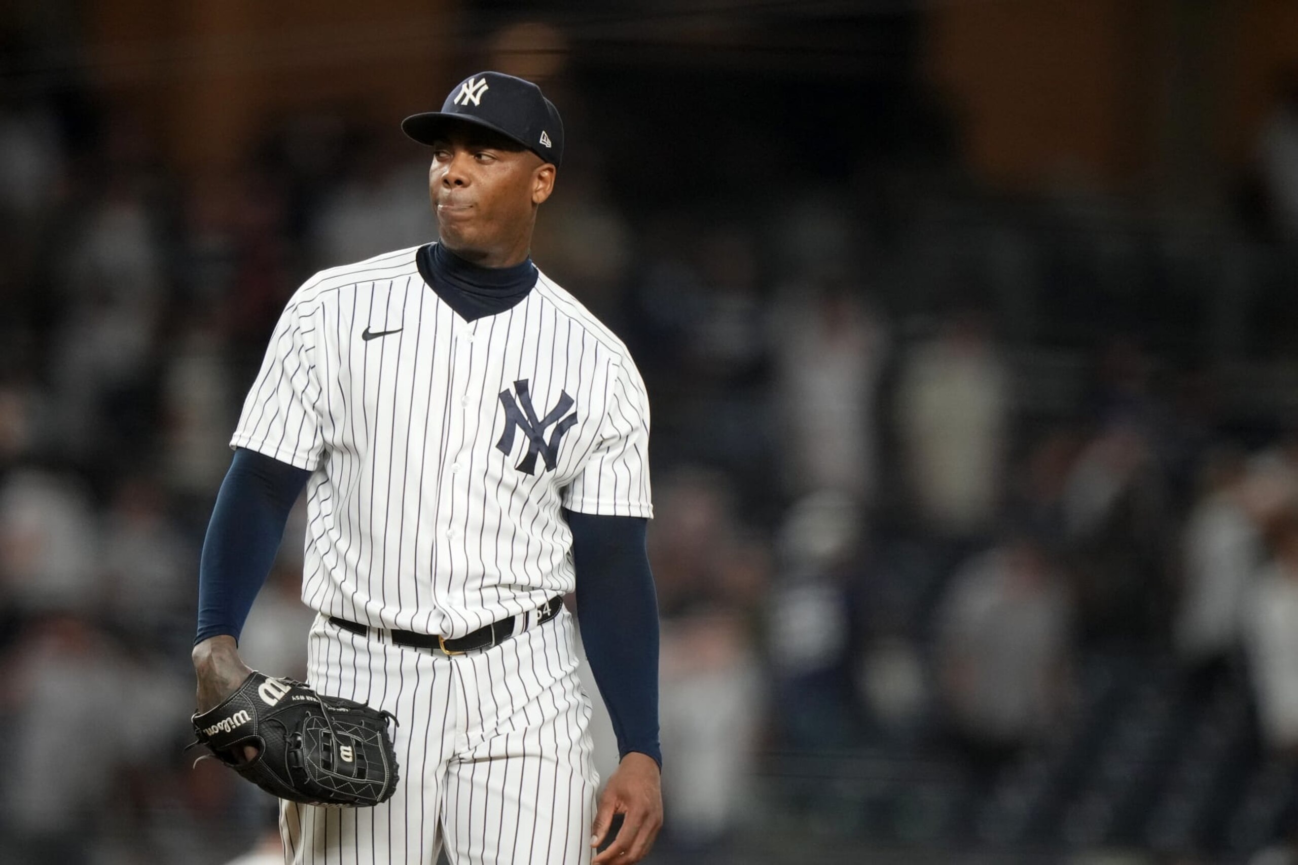 Baseball: New York Yankees Aroldis Chapman (54) looks on from the mound vs Tampa Bay Rays at Yankee Stadium. 
Bronx, NY 8/17/2022 
CREDIT: Erick W. Rasco (Photo by Erick W. Rasco/Sports Illustrated via Getty Images) 
(Set Number: X164121TK1)