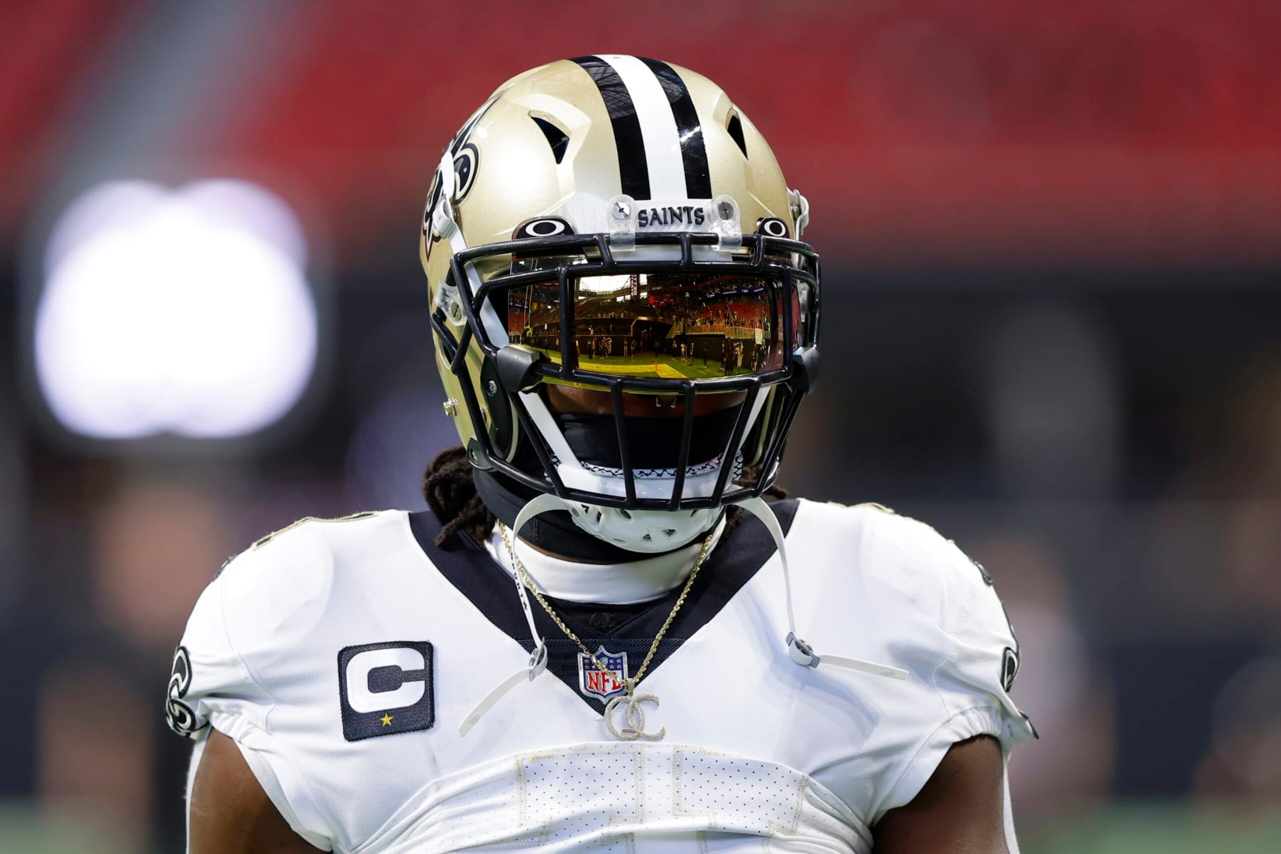 ATLANTA, GEORGIA - SEPTEMBER 11: Alvin Kamara #41 of the New Orleans Saints looks on before the game against the Atlanta Falcons at Mercedes-Benz Stadium on September 11, 2022 in Atlanta, Georgia. (Photo by Todd Kirkland/Getty Images) ATLANTA, GEORGIA - SEPTEMBER 11: Alvin Kamara #41 of the New Orleans Saints looks on before the game against the Atlanta Falcons at Mercedes-Benz Stadium on September 11, 2022 in Atlanta, Georgia. (Photo by Todd Kirkland/Getty Images)