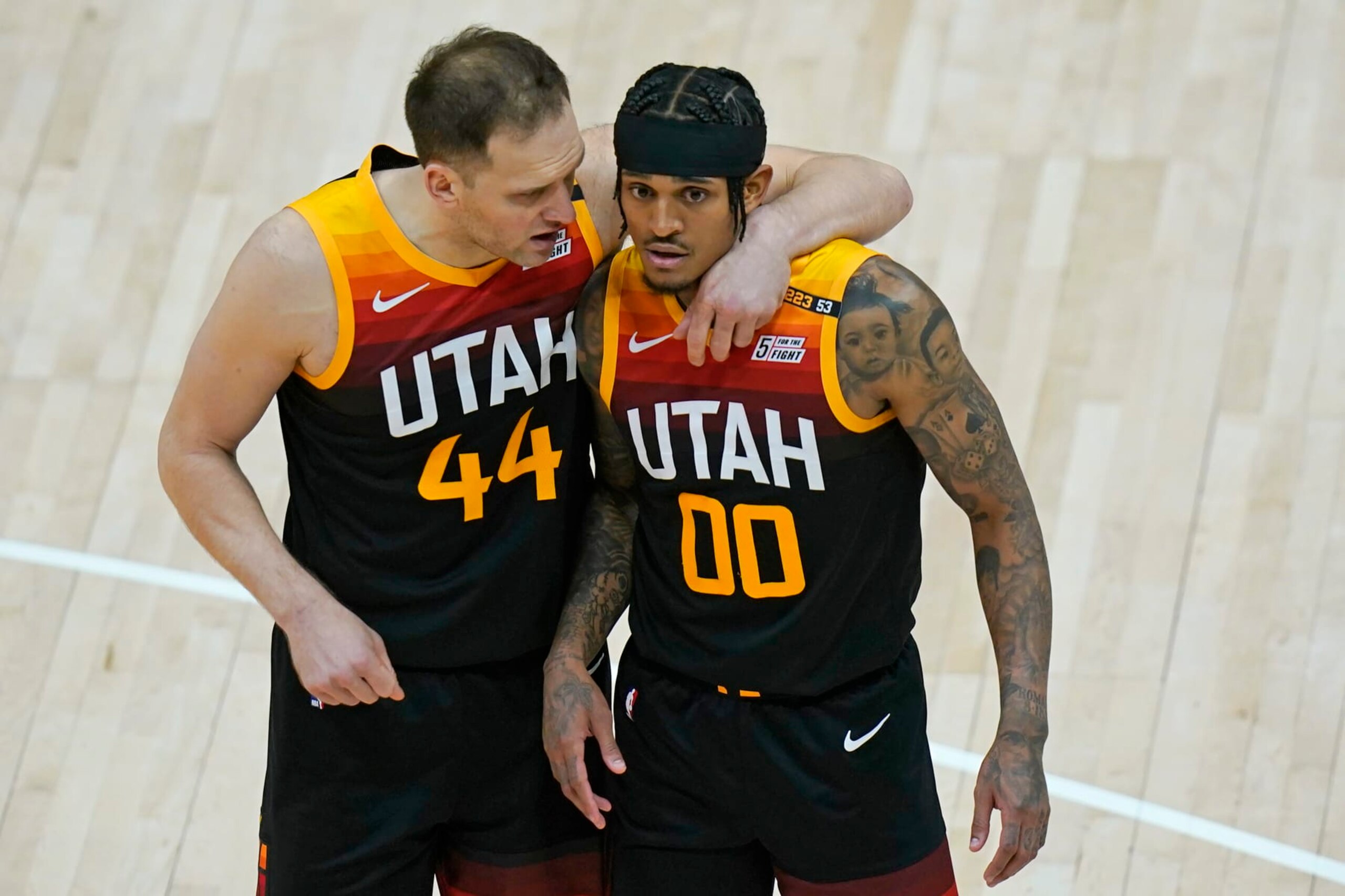 Utah Jazz's Bojan Bogdanovic (44) and Jordan Clarkson (00) huddle during the second half of Game 2 of a second-round NBA basketball playoff series Thursday, June 10, 2021, in Salt Lake City. (AP Photo/Rick Bowmer) Utah Jazz's Bojan Bogdanovic (44) and Jordan Clarkson (00) huddle during the second half of Game 2 of a second-round NBA basketball playoff series Thursday, June 10, 2021, in Salt Lake City. (AP Photo/Rick Bowmer)