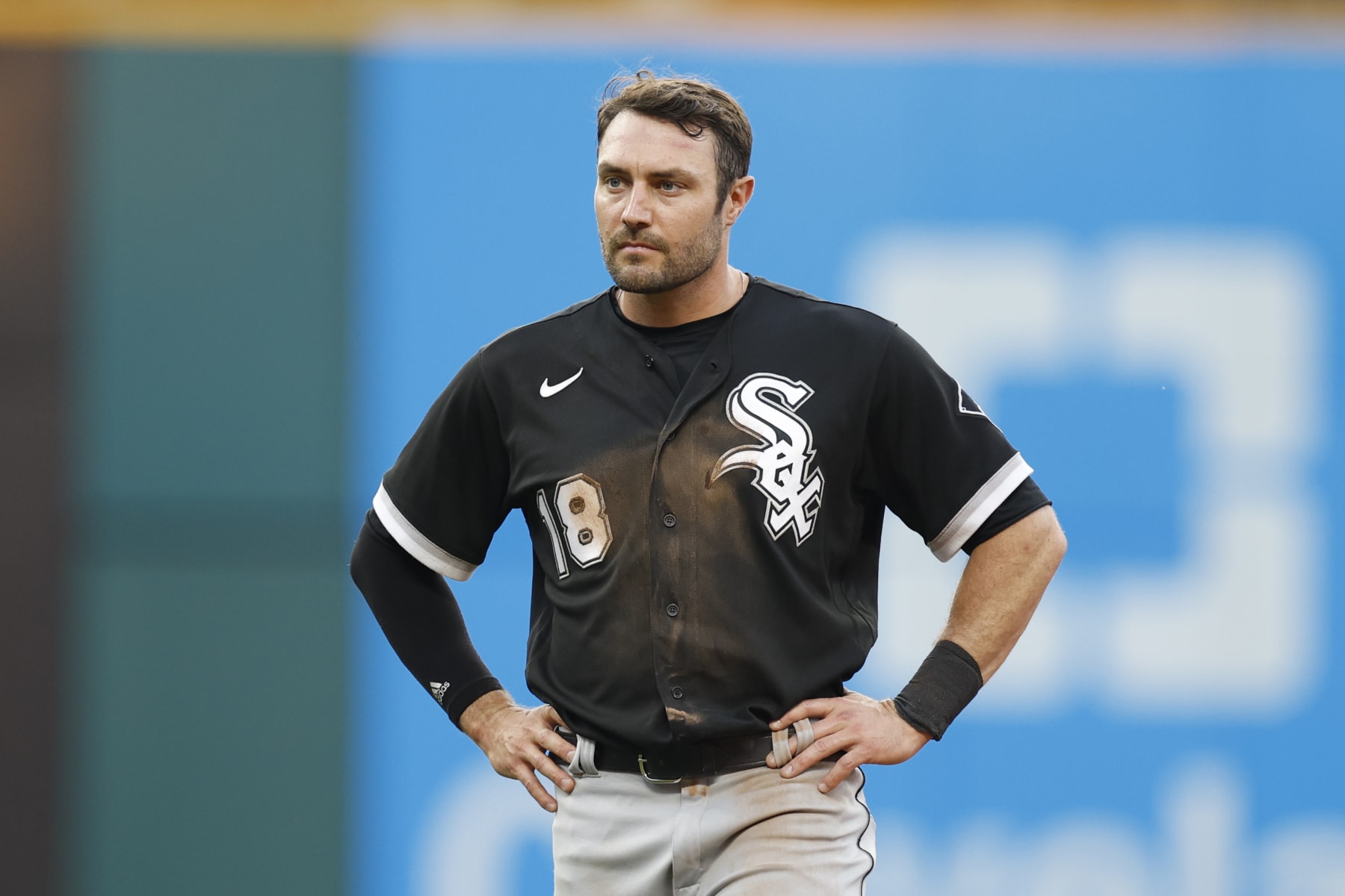CLEVELAND, OH - JULY 11: AJ Pollock #18 of the Chicago White Sox plays against the Cleveland Guardians during the fourth inning at Progressive Field on July 11, 2022 in Cleveland, Ohio. (Photo by Ron Schwane/Getty Images)