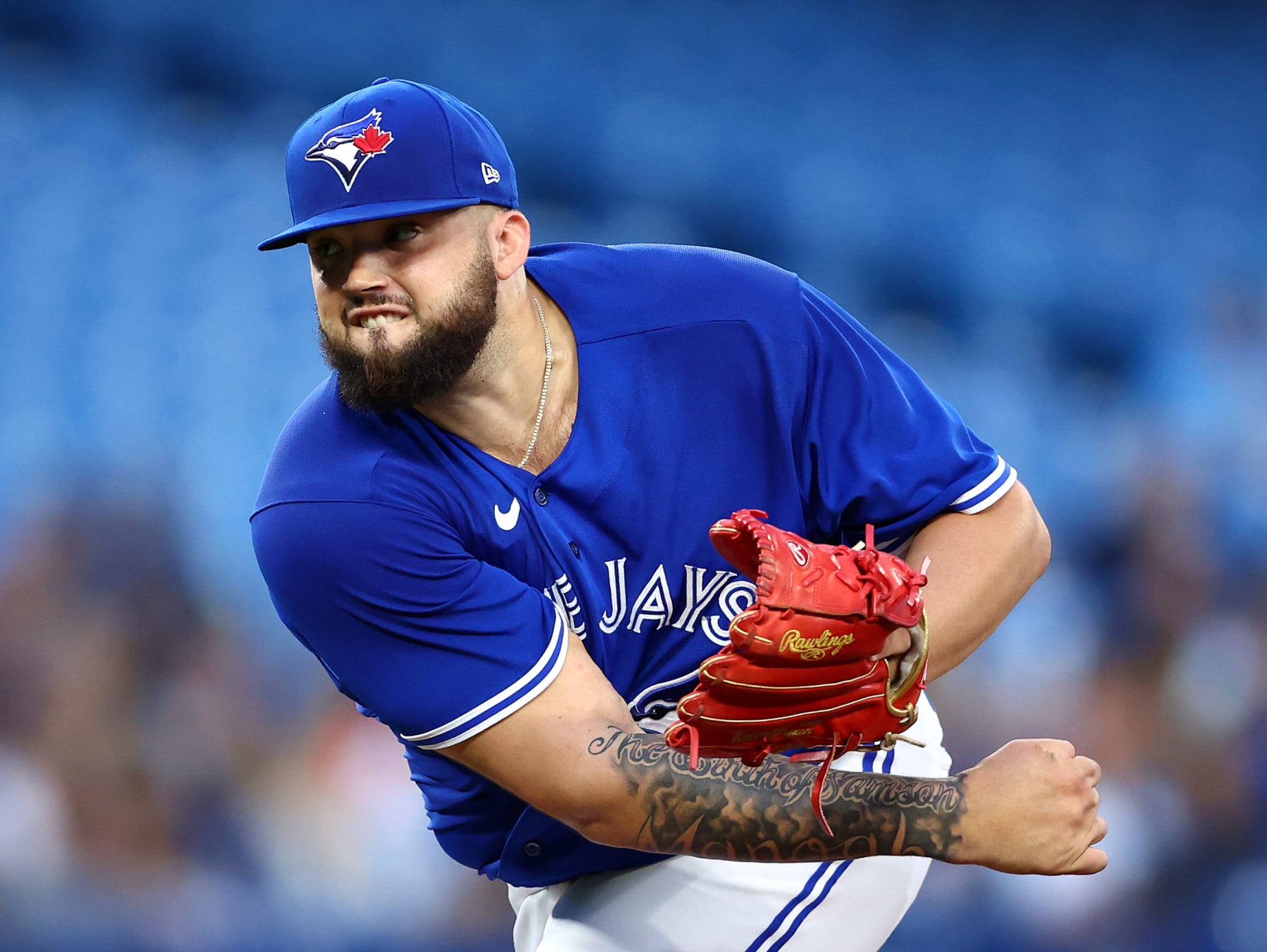 TORONTO, ON - SEPTEMBER 13:  Alek Manoah #6 of the Toronto Blue Jays delivers a pitch in the first inning during game two of a doubleheader against the Tampa Bay Rays at Rogers Centre on September 13, 2022 in Toronto, Ontario, Canada.  (Photo by Vaughn Ridley/Getty Images)