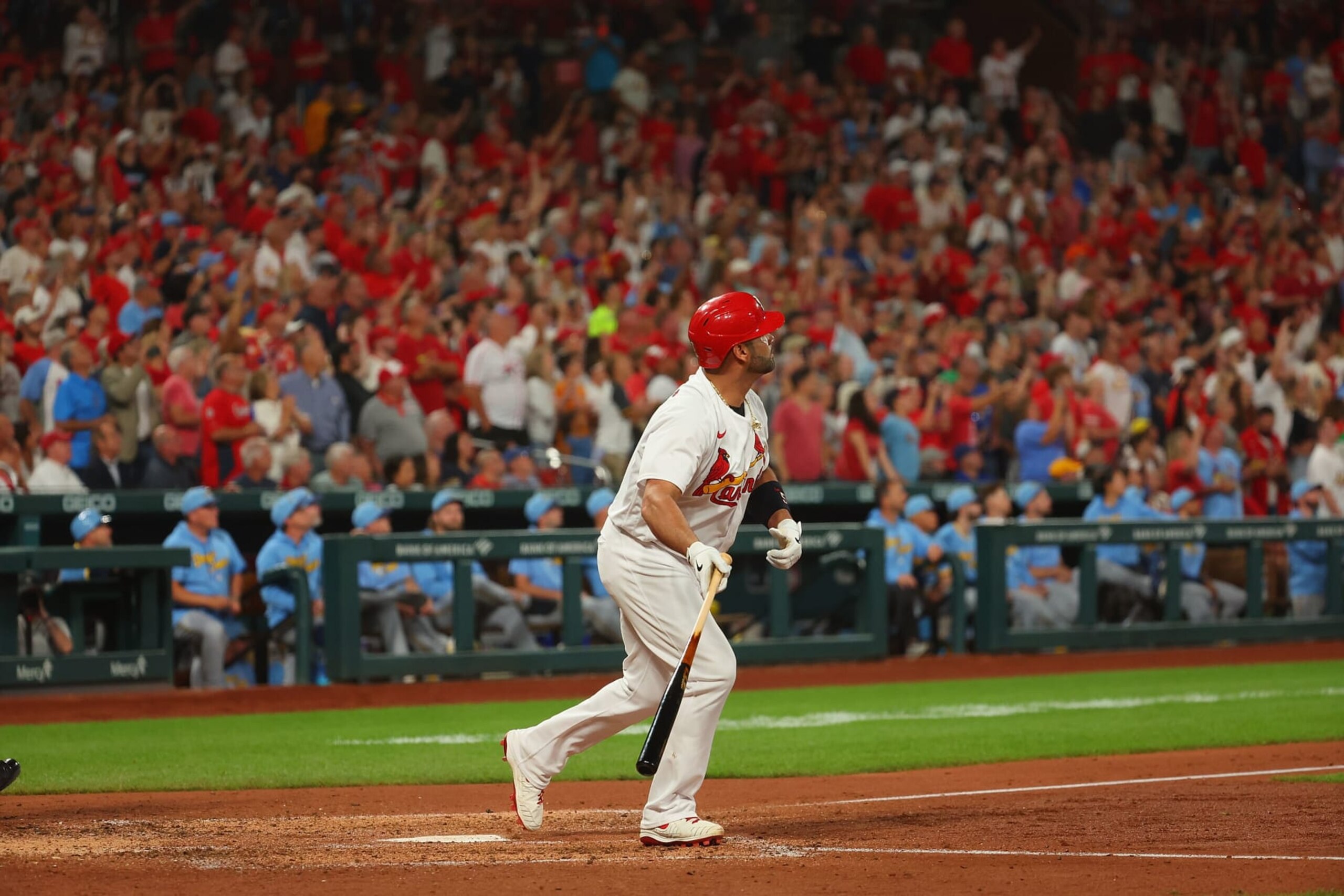 ST LOUIS, MO - SEPTEMBER 13: Albert Pujols #5 of the St. Louis Cardinals bats against the Milwaukee Brewers at Busch Stadium on September 13, 2022 in St Louis, Missouri. (Photo by Dilip Vishwanat/Getty Images)