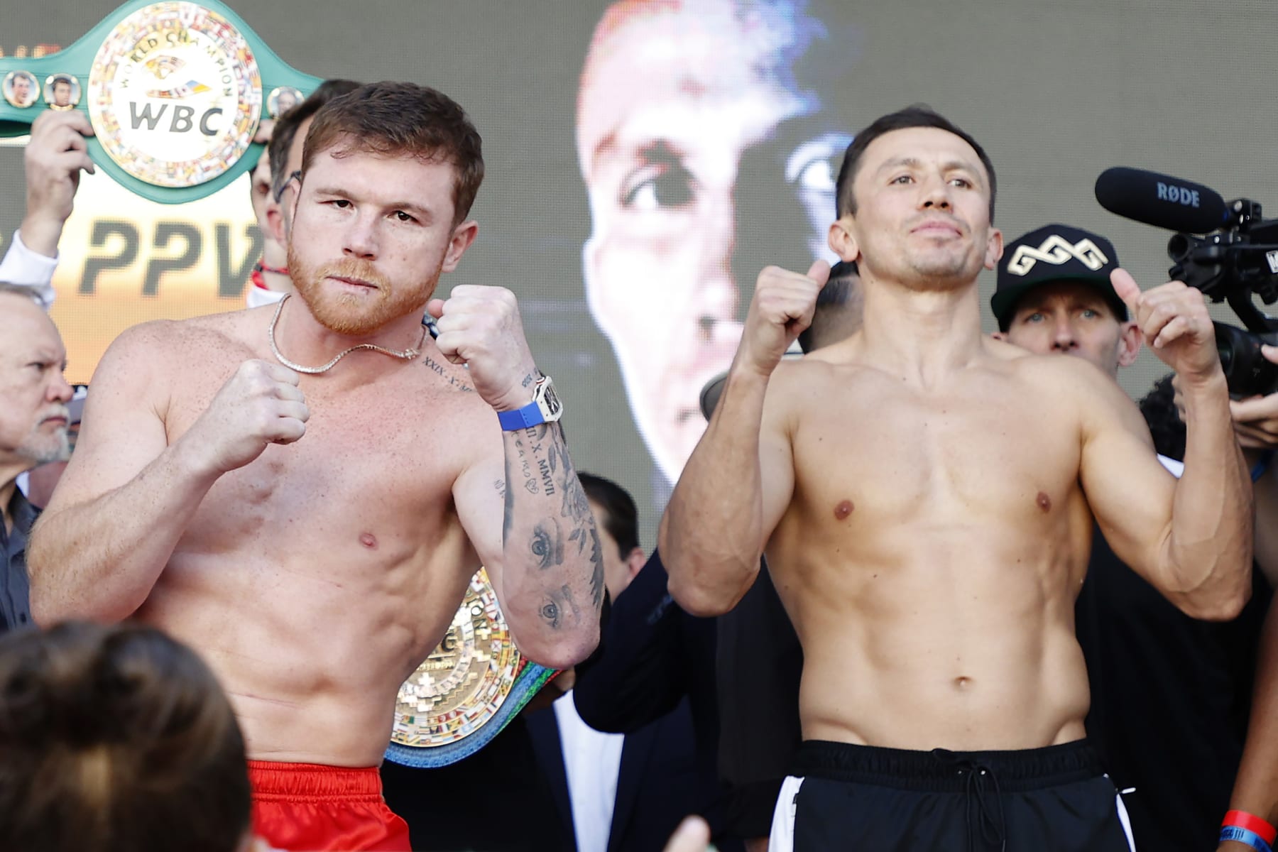 LAS VEGAS, NEVADA - SEPTEMBER 16: Canelo Alvarez of Mexico (L) and Gennadiy Golovkin of Kazakhstan (R) pose during their ceremonial weigh-in at Toshiba Plaza on September 16, 2022 in Las Vegas, Nevada. Alvarez and Golovkin will meet for the undisputed super middleweight title bout at T-Mobile Arena in Las Vegas on September 17. (Photo by Sarah Stier/Getty Images)