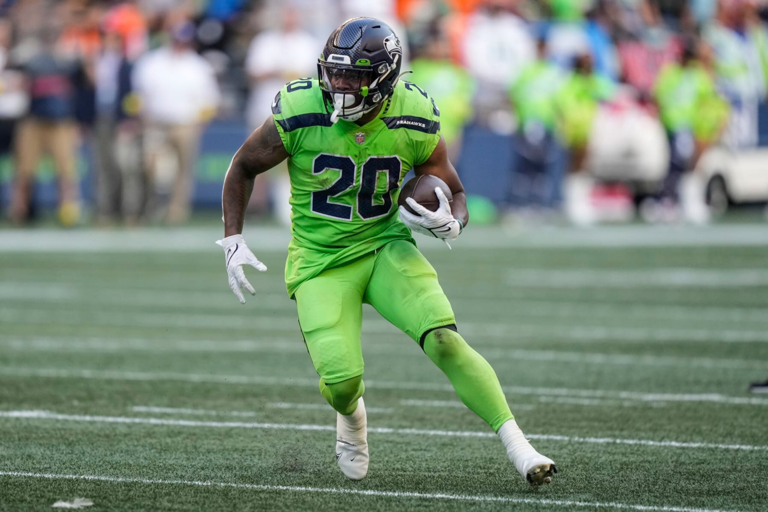 Seattle Seahawks running back Rashaad Penny runs with the ball during an NFL football game against the Denver Broncos, Monday, Sept. 12, 2022, in Seattle. The Seahawks won 17-16. (AP Photo/Stephen Brashear)