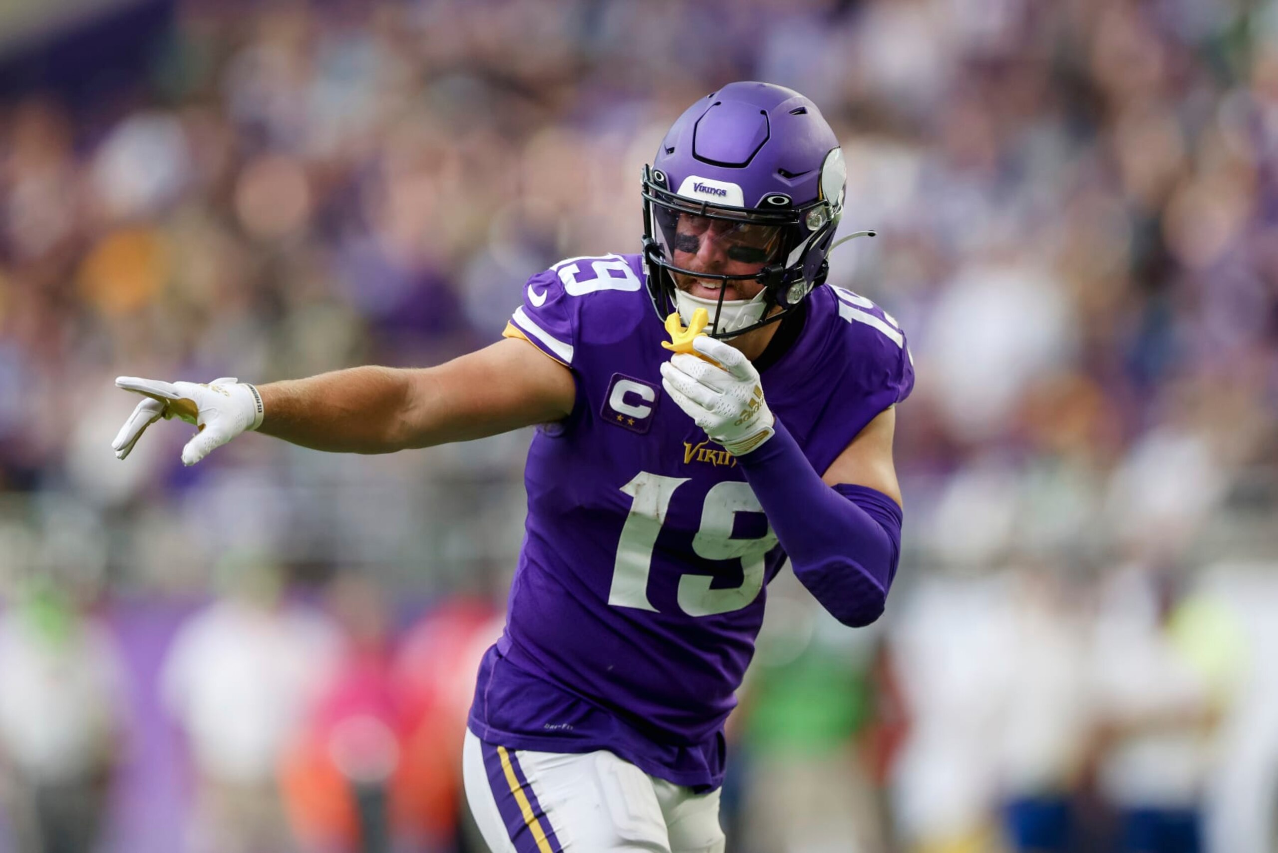 Minnesota Vikings wide receiver Adam Thielen (19) in action during the second half of an NFL football game against the Green Bay Packers, Sunday, Sept. 11, 2022 in Minneapolis. (AP Photo/Stacy Bengs)