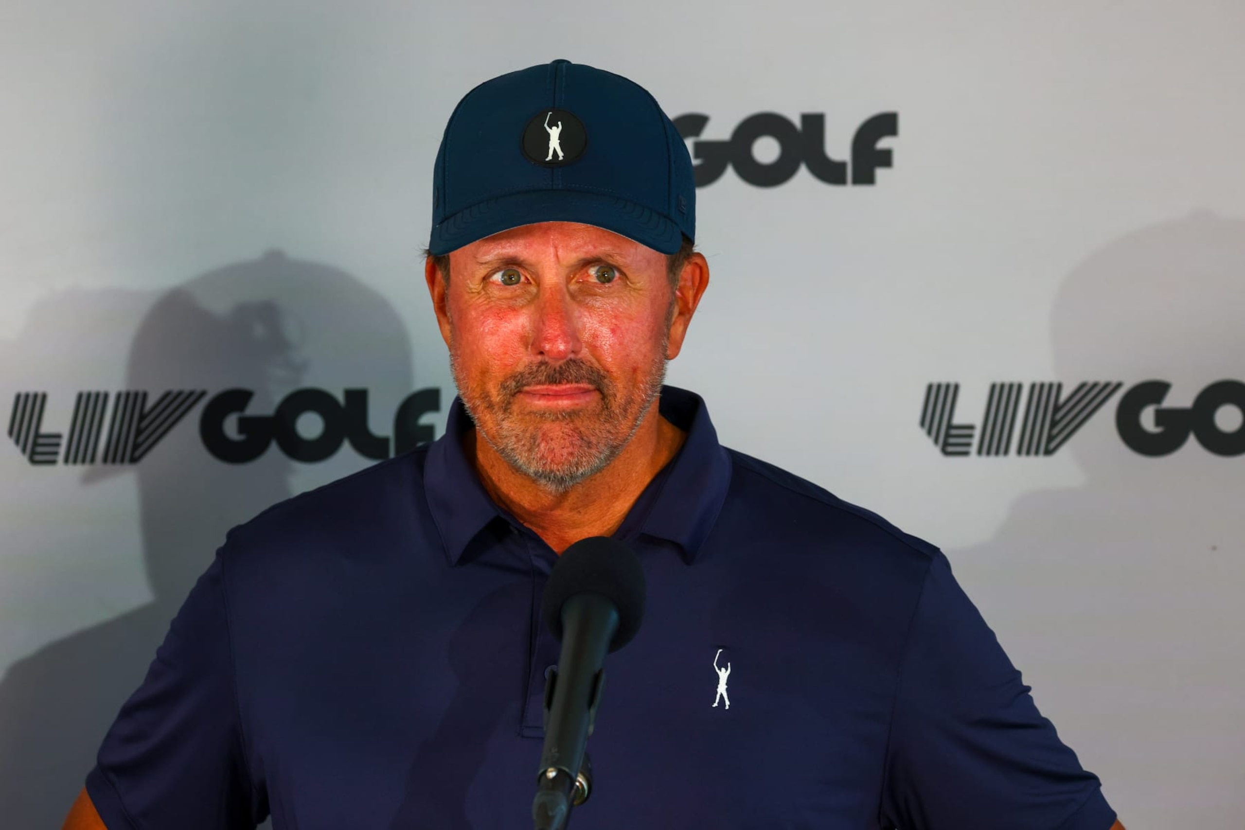 SUGAR GROVE, ILLINOIS - SEPTEMBER 16: Team Captain Phil Mickelson of Hy Flyers GC is interviewed during Day One of the LIV Golf Invitational - Chicago at Rich Harvest Farms on September 16, 2022 in Sugar Grove, Illinois. (Photo by Chris Trotman/LIV Golf via Getty Images)