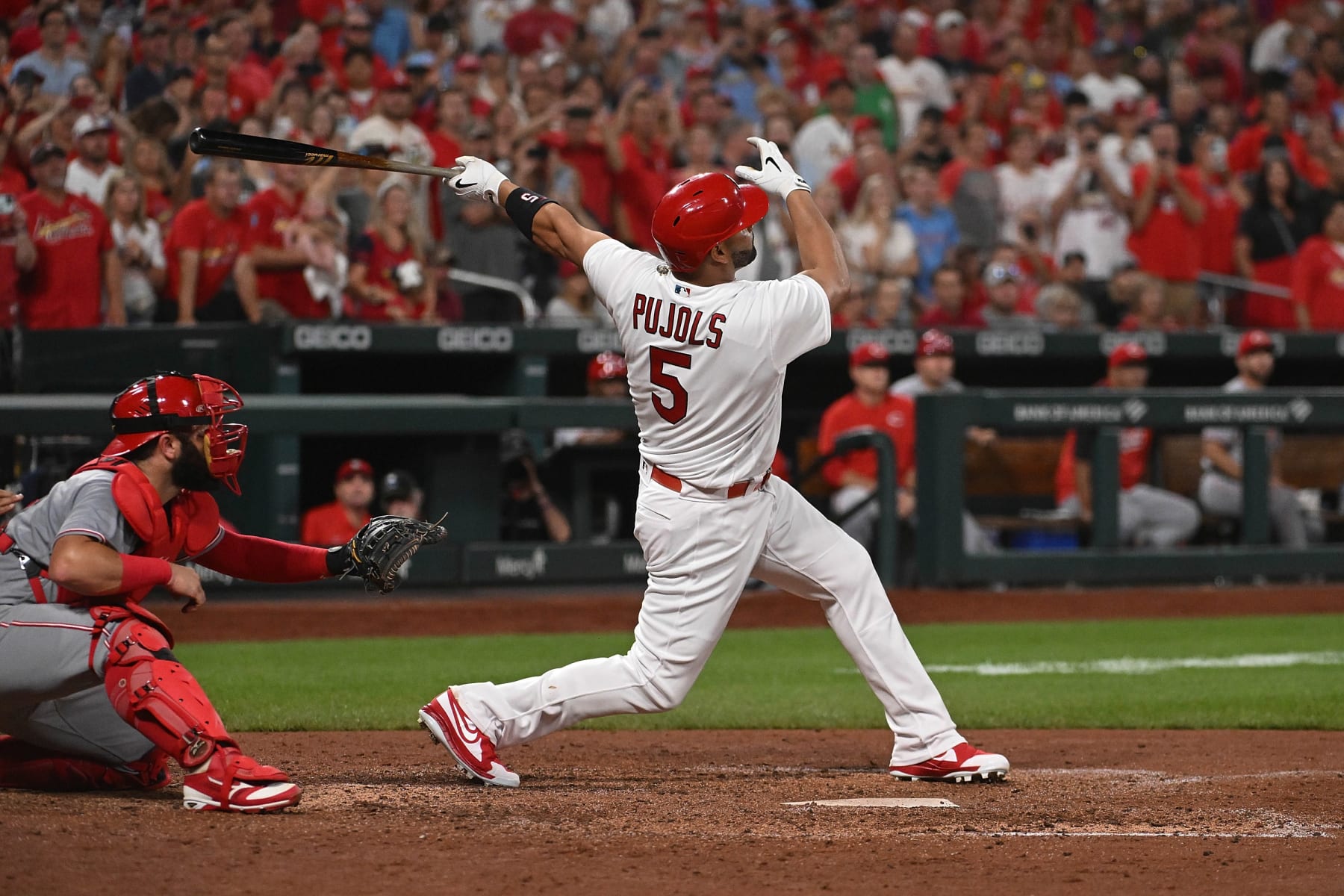 ST LOUIS, MO - SEPTEMBER 16: Albert Pujols #5 of the St. Louis Cardinals hits a two-run home run against the Cincinnati Reds in the sixth inning at Busch Stadium on September 16, 2022 in St Louis, Missouri. (Photo by Joe Puetz/Getty Images)