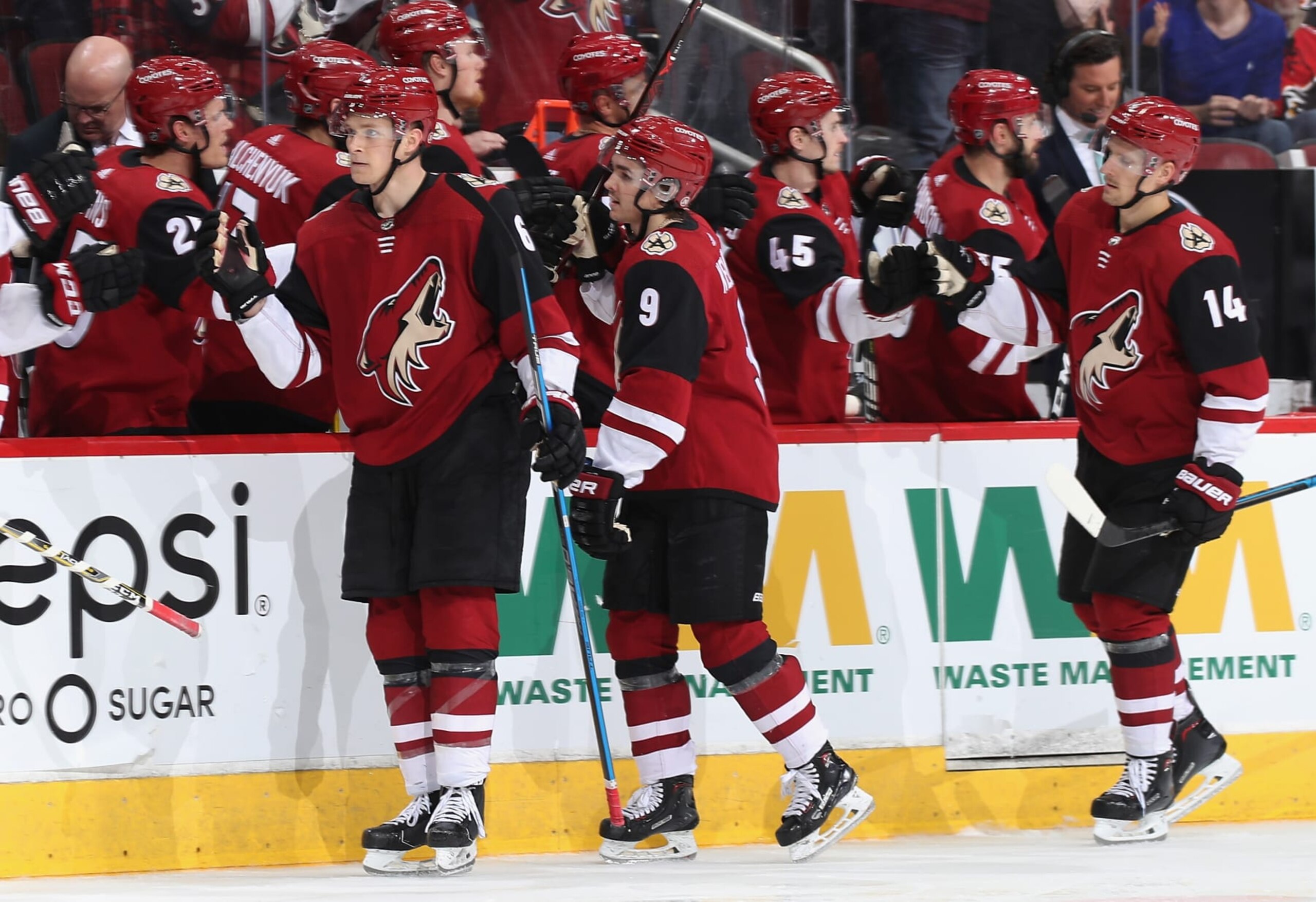 GLENDALE, ARIZONA - MARCH 07:  Jakob Chychrun #6 of the Arizona Coyotes high fives teammates on the bench after scoring against the Calgary Flames during the third period of the NHL game at Gila River Arena on March 07, 2019 in Glendale, Arizona. The Coyotes defeated the Flames 2-0. (Photo by Christian Petersen/Getty Images)