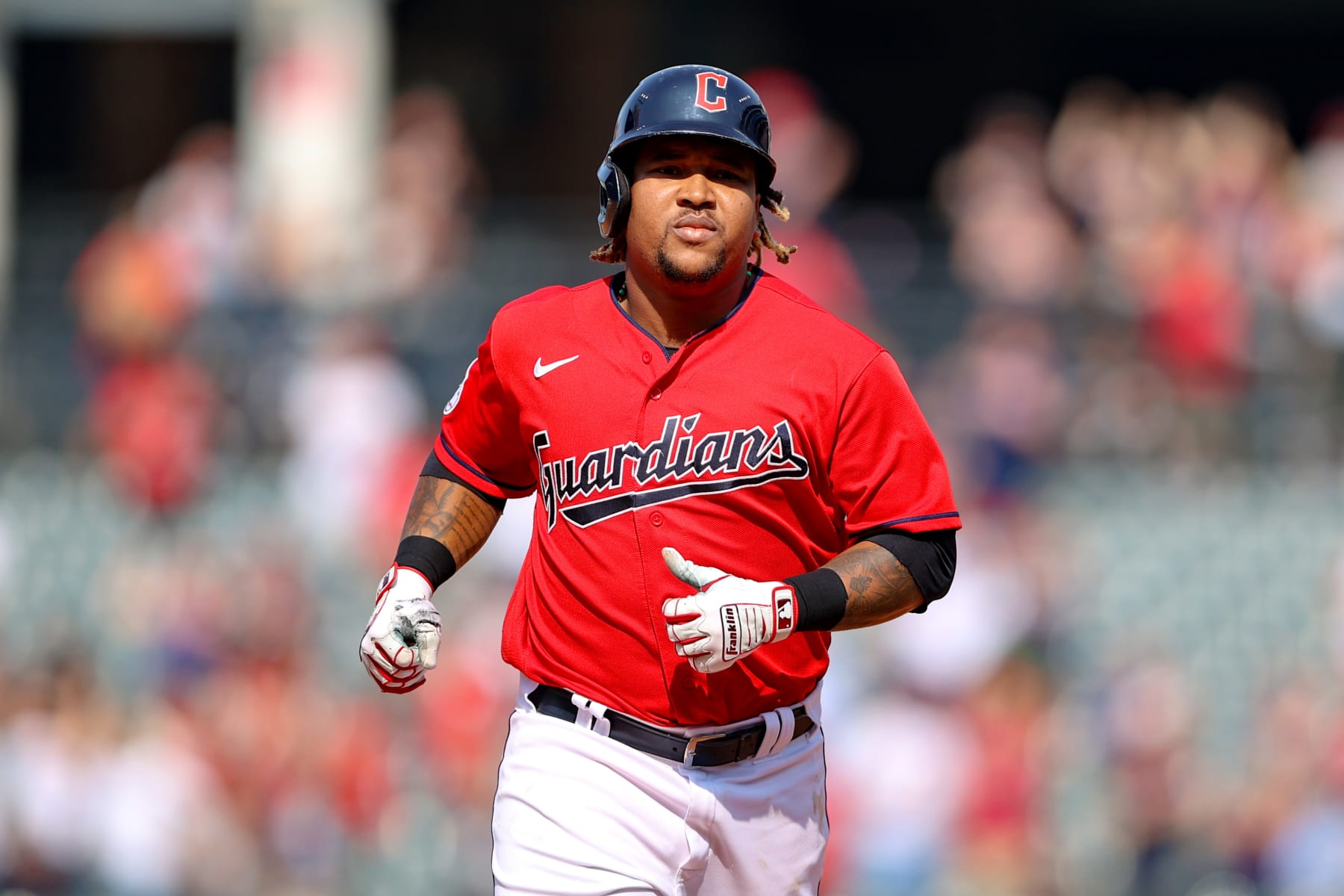 CLEVELAND, OH - SEPTEMBER 14: Cleveland Guardians third baseman Jose Ramirez (11) rounds the bases after hitting a 2-run home run during the eighth inning of the Major League Baseball game between the Los Angeles Angels and Cleveland Guardians on September 14, 2022, at Progressive Field in Cleveland, OH. (Photo by Frank Jansky/Icon Sportswire via Getty Images)