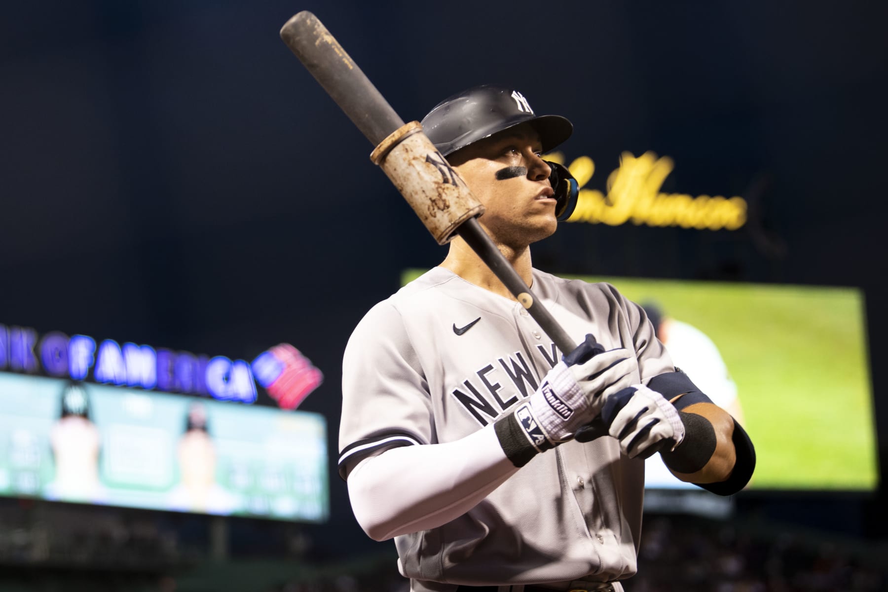 BOSTON, MA - SEPTEMBER 13: Aaron Judge #99 of the New York Yankees warms up on deck during the first inning of a game against the Boston Red Sox on September 13, 2022 at Fenway Park in Boston, Massachusetts.(Photo by Billie Weiss/Boston Red Sox/Getty Images)