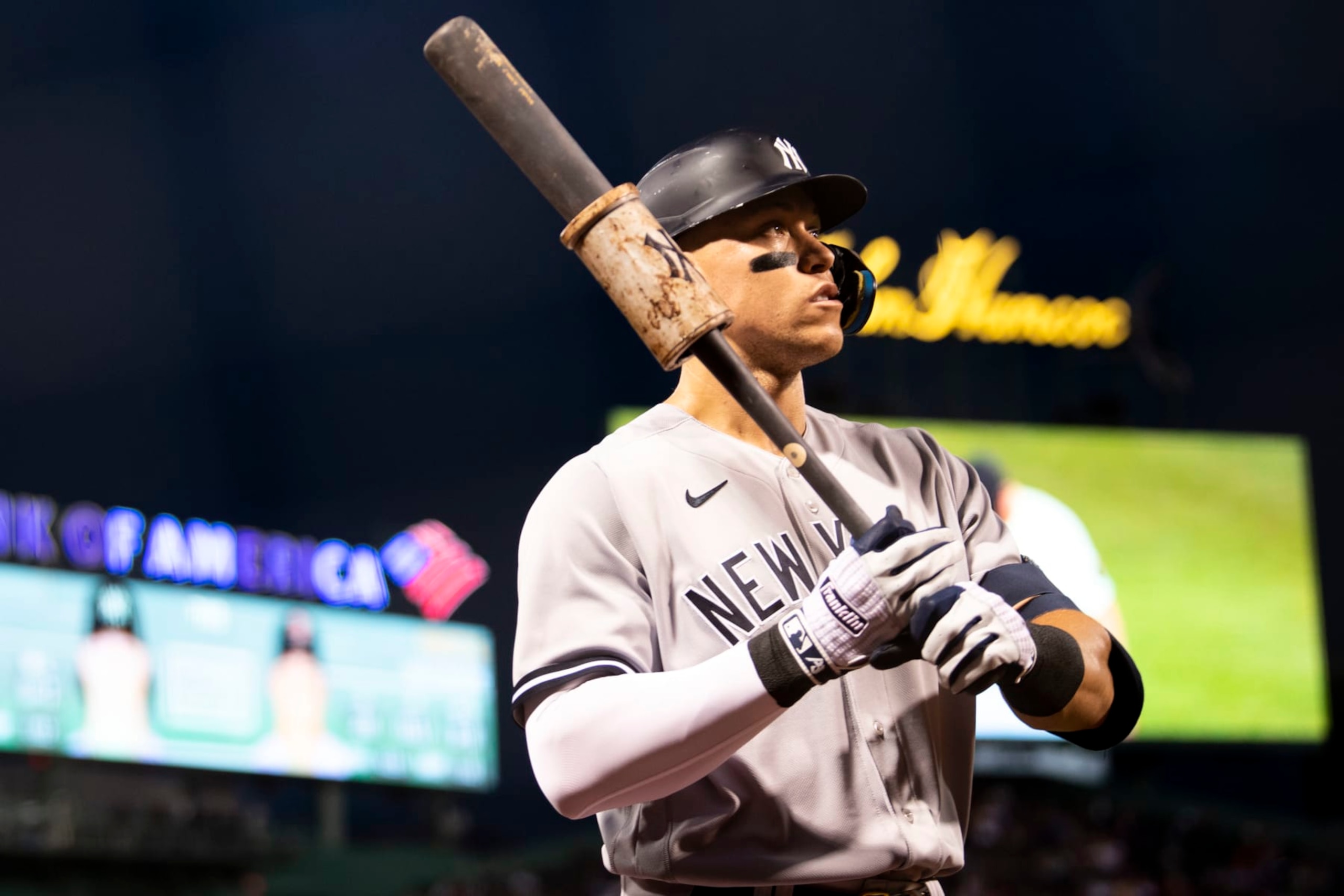 BOSTON, MA - SEPTEMBER 13: Aaron Judge #99 of the New York Yankees warms up on deck during the first inning of a game against the Boston Red Sox on September 13, 2022 at Fenway Park in Boston, Massachusetts.(Photo by Billie Weiss/Boston Red Sox/Getty Images) BOSTON, MA - SEPTEMBER 13: Aaron Judge #99 of the New York Yankees warms up on deck during the first inning of a game against the Boston Red Sox on September 13, 2022 at Fenway Park in Boston, Massachusetts.(Photo by Billie Weiss/Boston Red Sox/Getty Images)