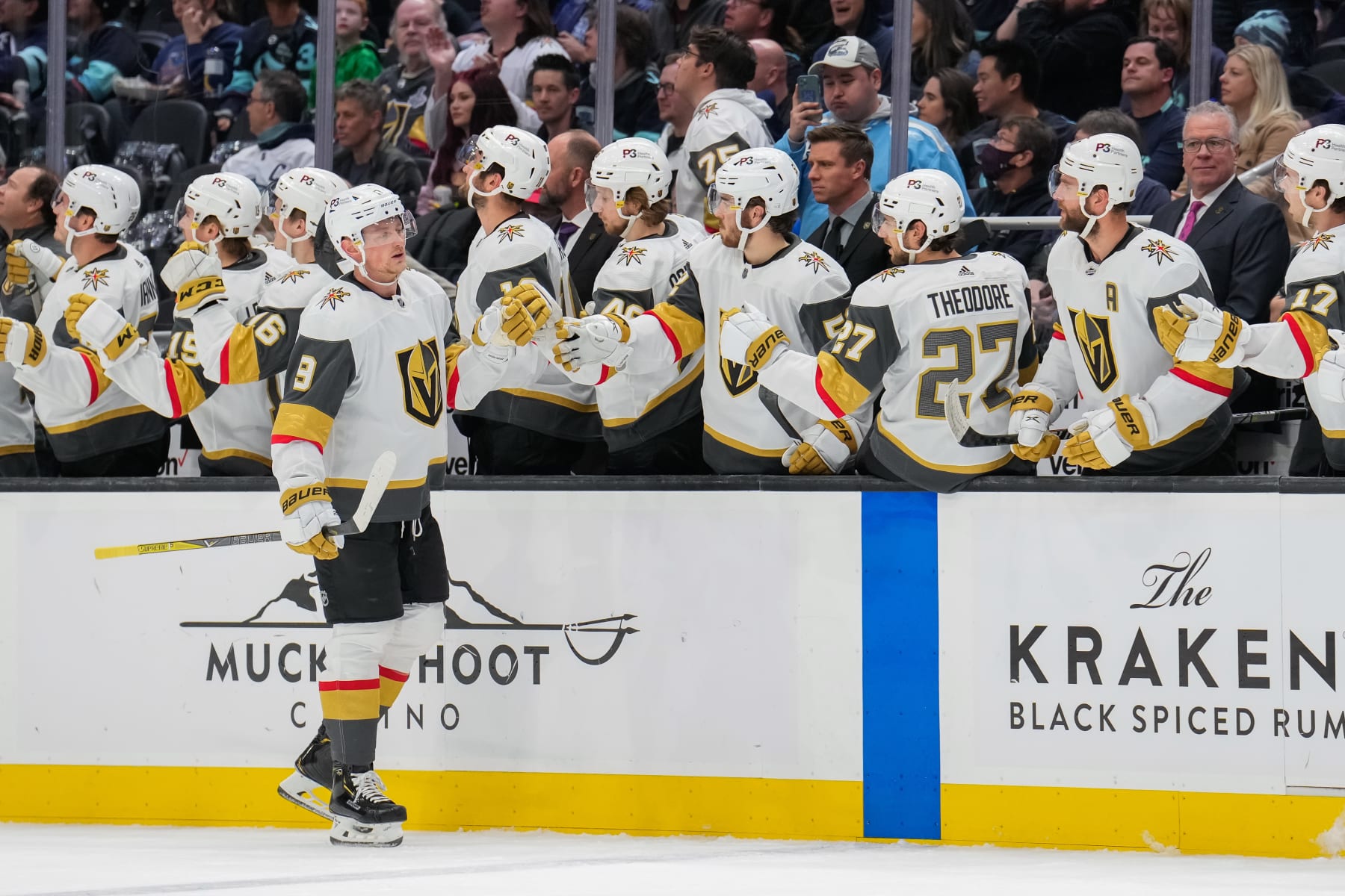 SEATTLE, WASHINGTON - APRIL 01: Jack Eichel #9 of the Vegas Golden Knights celebrates with teammates after scoring a goal to take a 1-0 lead against the Seattle Kraken during the first period at Climate Pledge Arena on April 01, 2022 in Seattle, Washington. (Photo by Christopher Mast/NHLI via Getty Images)