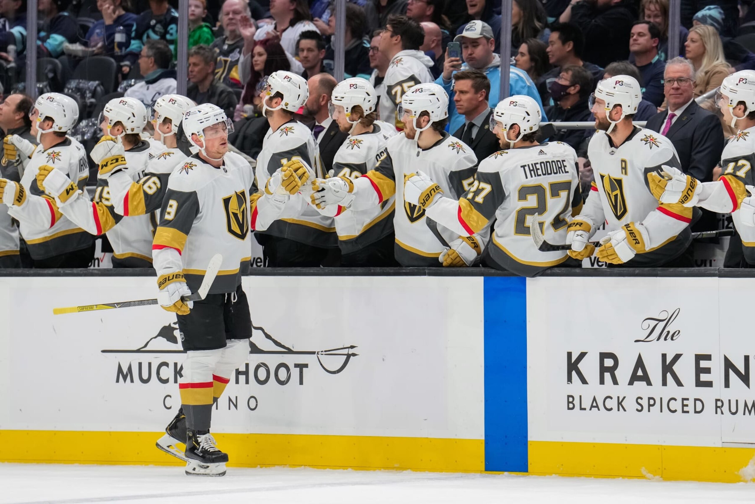SEATTLE, WASHINGTON - APRIL 01: Jack Eichel #9 of the Vegas Golden Knights celebrates with teammates after scoring a goal to take a 1-0 lead against the Seattle Kraken during the first period at Climate Pledge Arena on April 01, 2022 in Seattle, Washington. (Photo by Christopher Mast/NHLI via Getty Images)