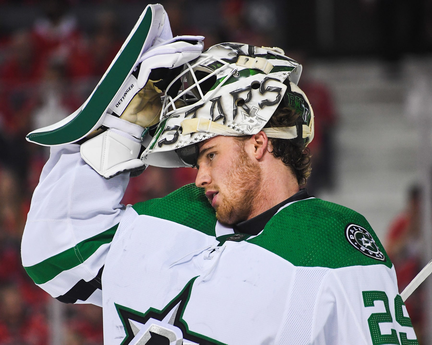 CALGARY, AB - MAY 15: Jake Oettinger #29 of the Dallas Stars in action against the Calgary Flames during Game Seven of the First Round of the 2022 Stanley Cup Playoffs at Scotiabank Saddledome on May 15, 2022 in Calgary, Alberta, Canada. The Flames defeated the Stars 3-2 in overtime. (Photo by Derek Leung/Getty Images)