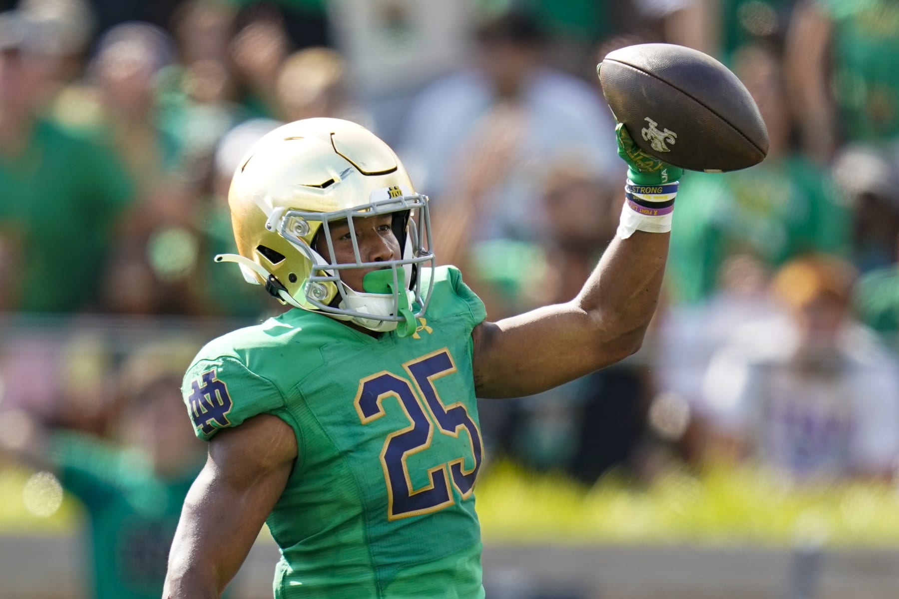Notre Dame running back Chris Tyree (25) celebrates a touchdown against California during the first half of an NCAA college football game in South Bend, Ind., Saturday, Sept. 17, 2022. (AP Photo/Michael Conroy)