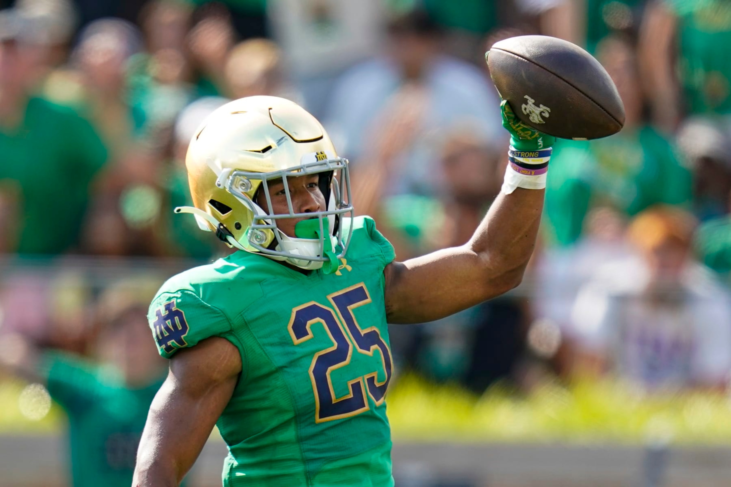 Notre Dame running back Chris Tyree (25) celebrates a touchdown against California during the first half of an NCAA college football game in South Bend, Ind., Saturday, Sept. 17, 2022. (AP Photo/Michael Conroy) Notre Dame running back Chris Tyree (25) celebrates a touchdown against California during the first half of an NCAA college football game in South Bend, Ind., Saturday, Sept. 17, 2022. (AP Photo/Michael Conroy)