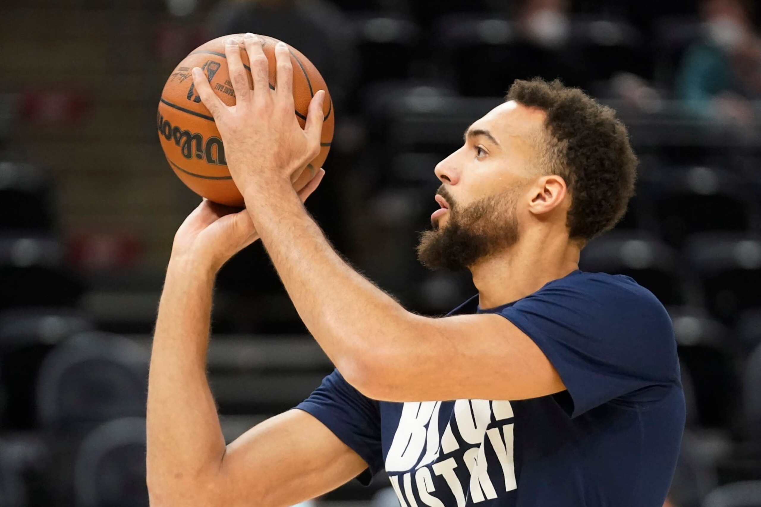Utah Jazz center Rudy Gobert warms up before the start of their NBA basketball game against the New York Knicks Monday, Feb. 7, 2022, in Salt Lake City. (AP Photo/Rick Bowmer)