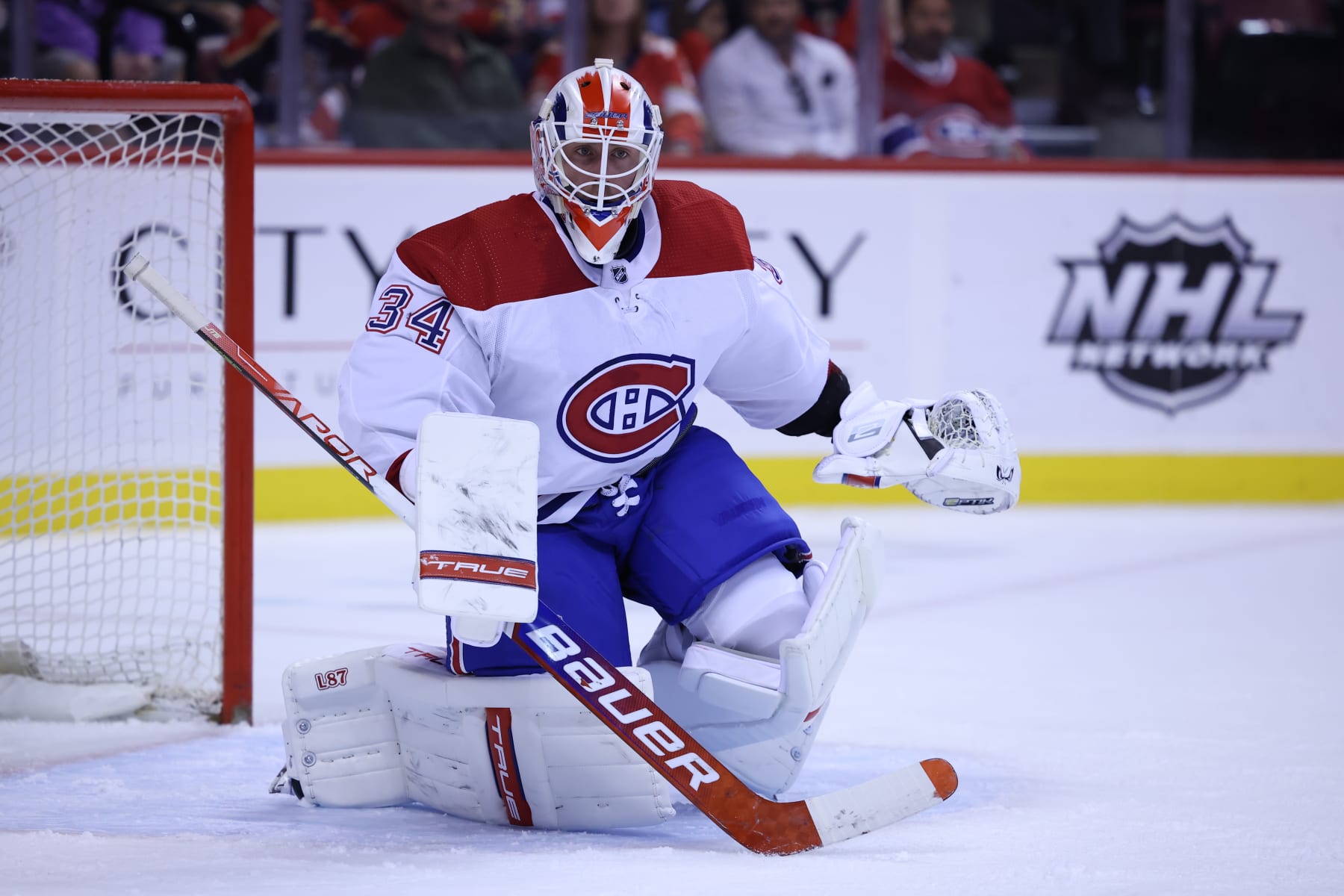 MIAMI, FL - MARCH 29: Montreal Canadiens goaltender Jake Allen (34) watches an opponent into the zone during the game between the Montreal Canadiens and the Florida Panthers on Tuesday, March 29, 2022 at FLA Live Arena in Sunrise, FL (Photo by Peter Joneleit/Icon Sportswire via Getty Images)
