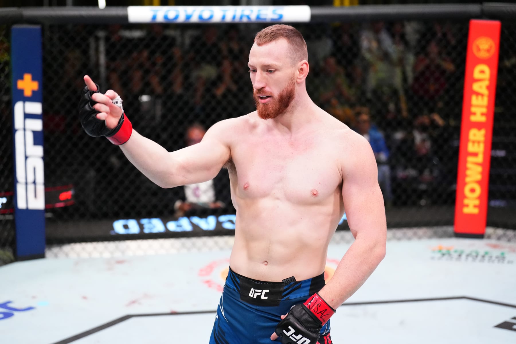 LAS VEGAS, NEVADA - SEPTEMBER 17: Joe Pyfer reacts after knocking out Alen Amedovski of Macedonia in a middleweight fight during the UFC Fight Night event at UFC APEX on September 17, 2022 in Las Vegas, Nevada. (Photo by Chris Unger/Zuffa LLC)