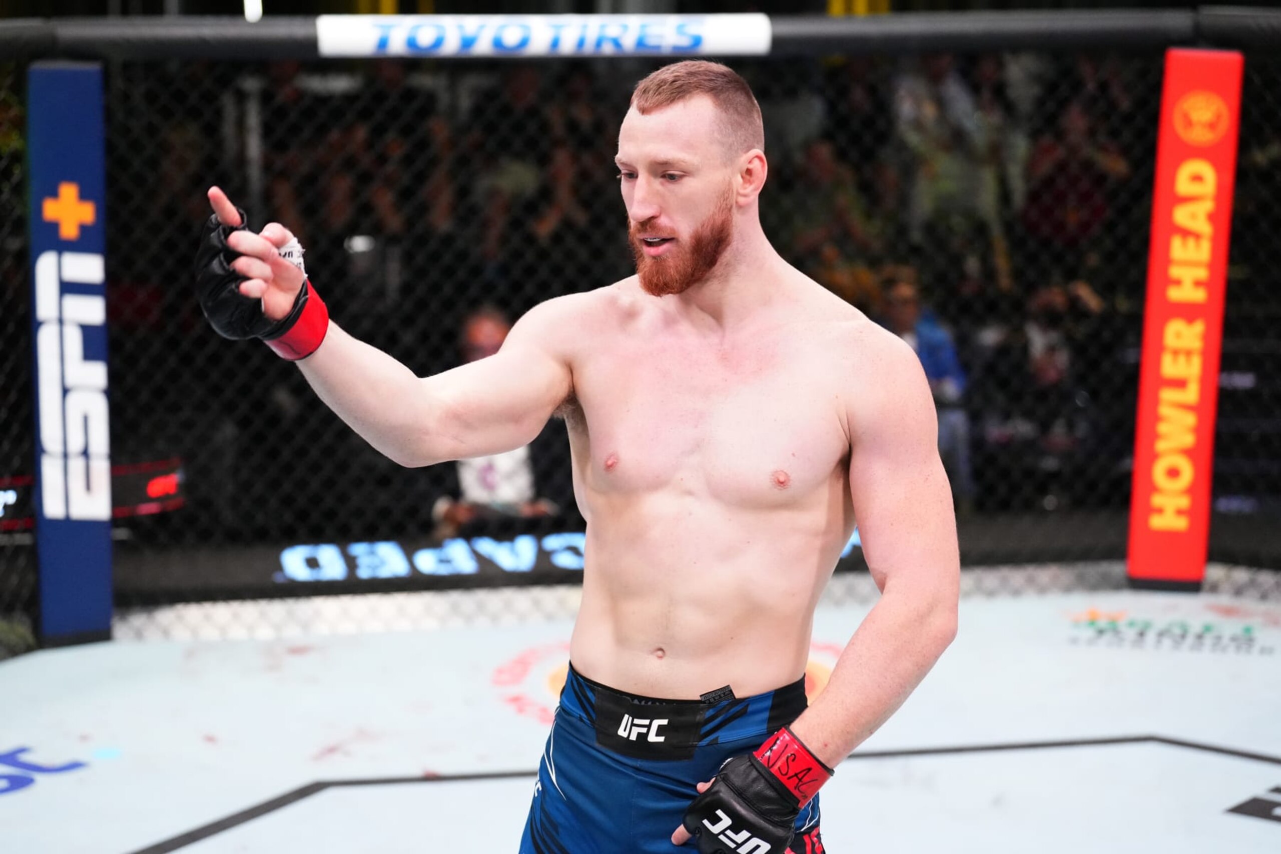 LAS VEGAS, NEVADA - SEPTEMBER 17: Joe Pyfer reacts after knocking out Alen Amedovski of Macedonia in a middleweight fight during the UFC Fight Night event at UFC APEX on September 17, 2022 in Las Vegas, Nevada. (Photo by Chris Unger/Zuffa LLC)