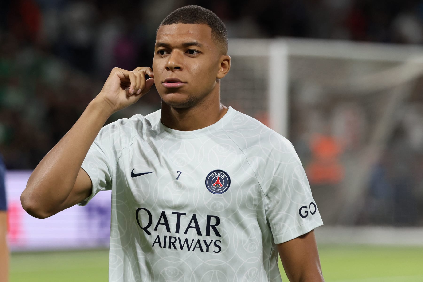 Paris Saint-Germain's French forward Kylian Mbappe warms-up ahead of the UEFA Champions League group H football match between Israel's Maccabi Haifa and France's Paris Saint-Germain (PSG) at the Sammy Ofer stadium in the city of Haifa on September 14, 2022. (Photo by JACK GUEZ / AFP) (Photo by JACK GUEZ/AFP via Getty Images)
