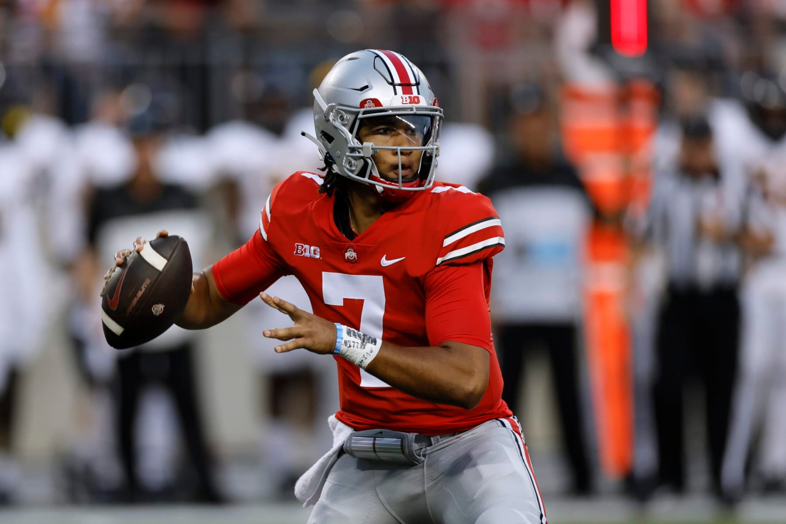 Ohio State quarterback C.J. Stroud drops back to pass against Toledo during the first half of an NCAA college football game Saturday, Sept. 17, 2022, in Columbus, Ohio. (AP Photo/Jay LaPrete) Ohio State quarterback C.J. Stroud drops back to pass against Toledo during the first half of an NCAA college football game Saturday, Sept. 17, 2022, in Columbus, Ohio. (AP Photo/Jay LaPrete)