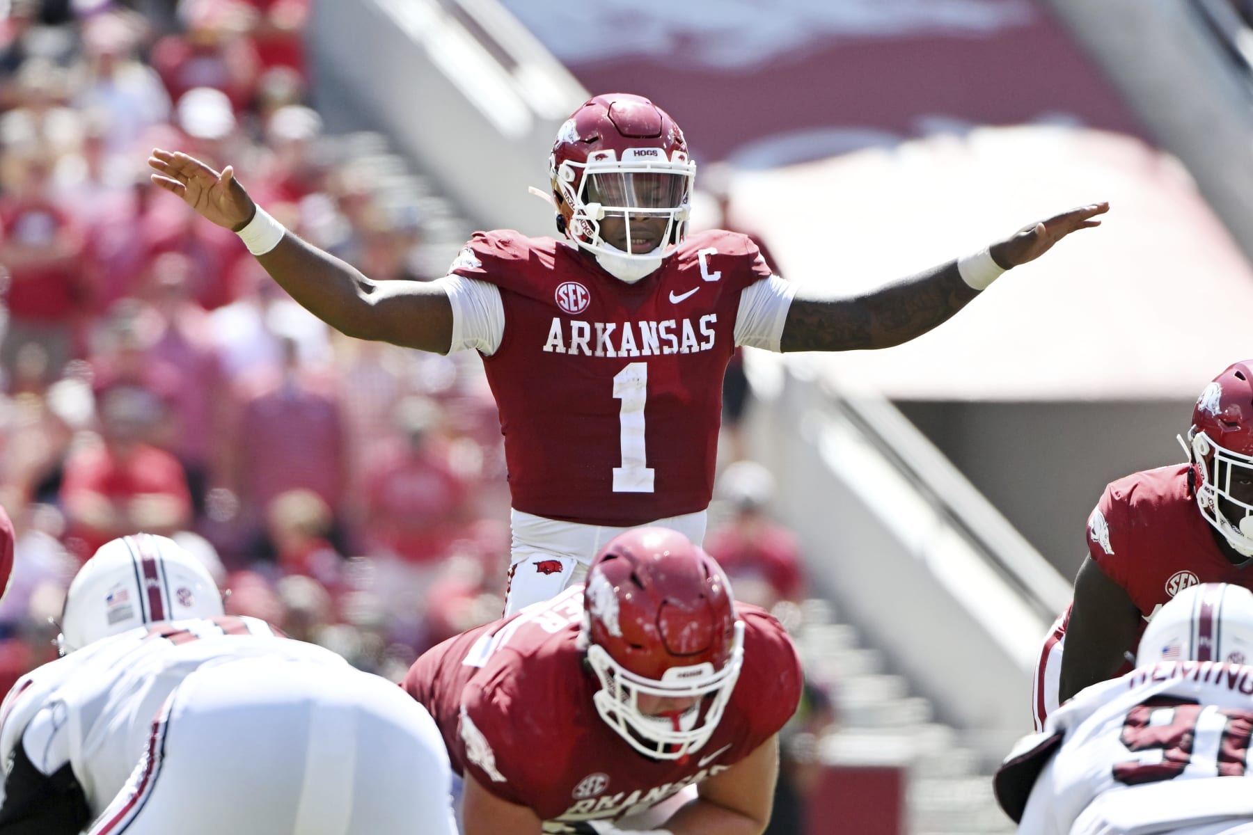 Arkansas quarterback KJ Jefferson (1) gets ready to run a play against South Carolina during an NCAA college football game Saturday, Sept. 10, 2022, in Fayetteville, Ark. (AP Photo/Michael Woods)
