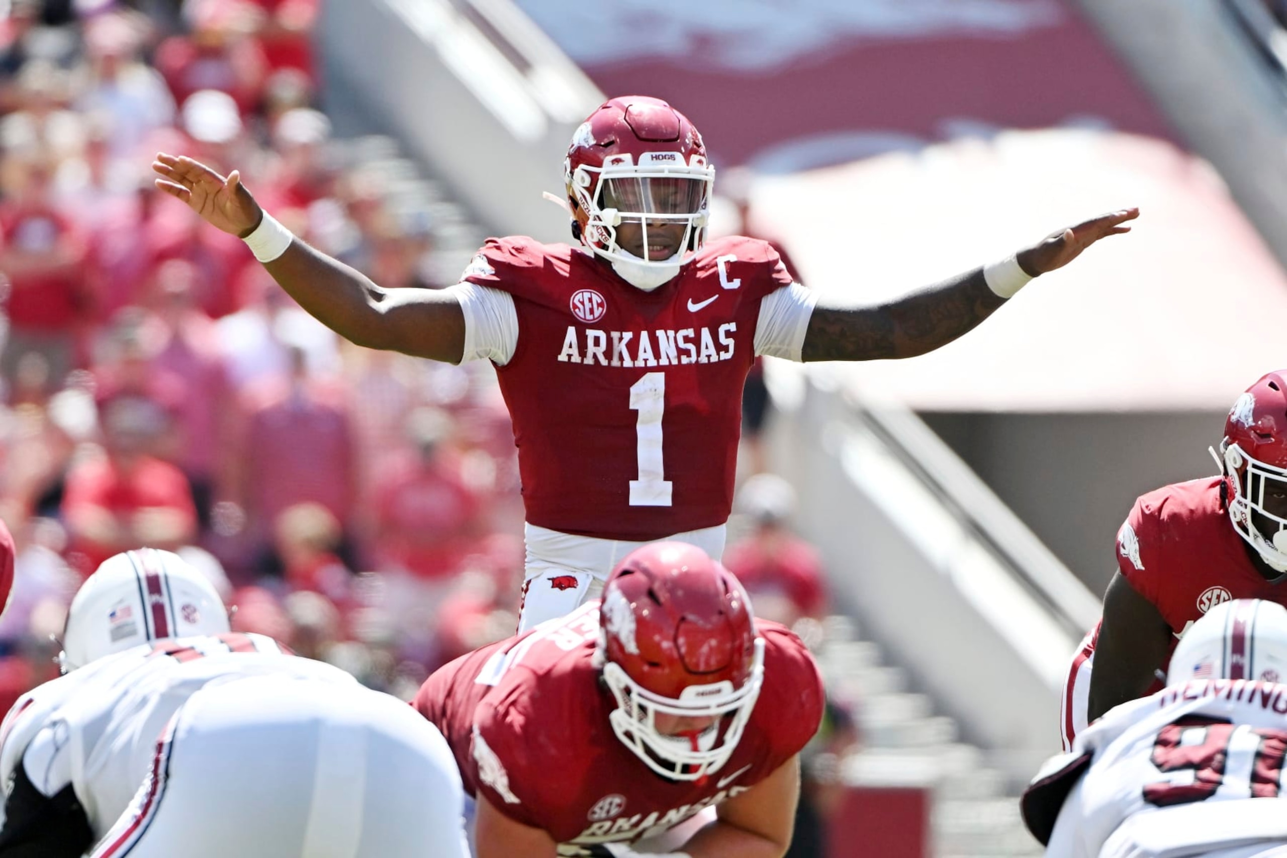 Arkansas quarterback KJ Jefferson (1) gets ready to run a play against South Carolina during an NCAA college football game Saturday, Sept. 10, 2022, in Fayetteville, Ark. (AP Photo/Michael Woods)