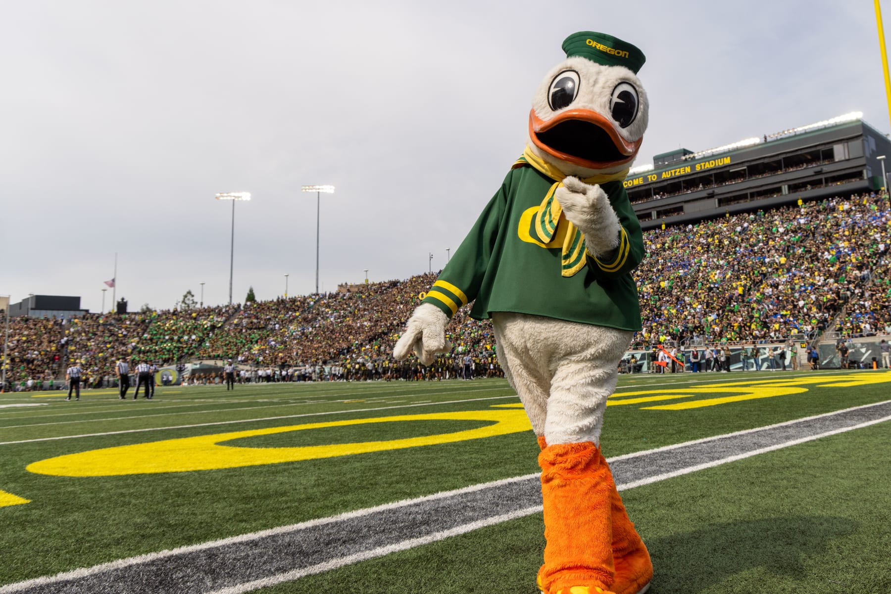 EUGENE, OR - SEPTEMBER 17: Puddles the mascot of Oregon Ducks cheers during the first half against the Brigham Young Cougars at Autzen Stadium on September 17, 2022 in Eugene, Oregon. (Photo by Tom Hauck/Getty Images)