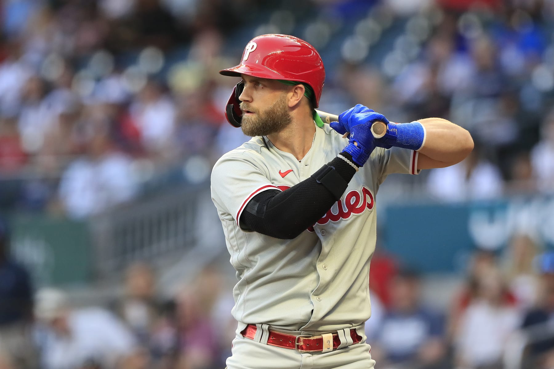 ATLANTA, GA - SEPTEMBER 16: Philadelphia Phillies designated hitter Bryce Harper (3) bats during the Friday evening MLB game between the Atlanta Braves and the Philadelphia Phillies on September 16, 2022 at Truist Park in Atlanta, Georgia. (Photo by David J. Griffin/Icon Sportswire via Getty Images)