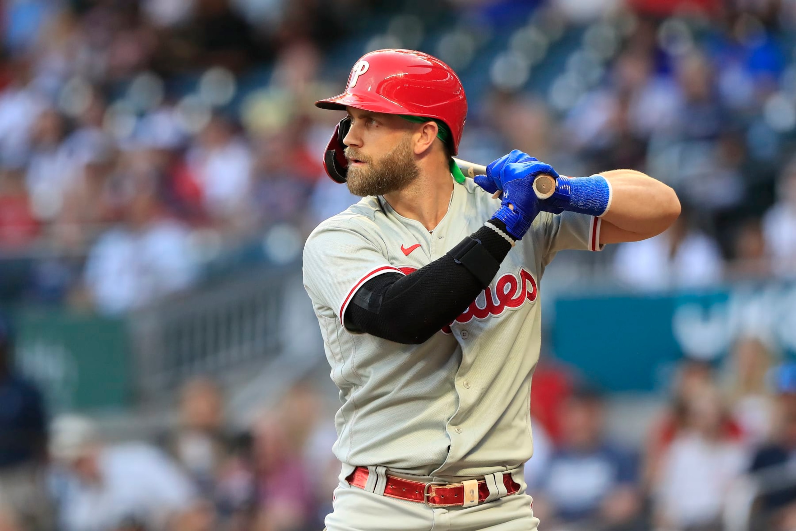 ATLANTA, GA - SEPTEMBER 16: Philadelphia Phillies designated hitter Bryce Harper (3) bats during the Friday evening MLB game between the Atlanta Braves and the Philadelphia Phillies on September 16, 2022 at Truist Park in Atlanta, Georgia. (Photo by David J. Griffin/Icon Sportswire via Getty Images) ATLANTA, GA - SEPTEMBER 16: Philadelphia Phillies designated hitter Bryce Harper (3) bats during the Friday evening MLB game between the Atlanta Braves and the Philadelphia Phillies on September 16, 2022 at Truist Park in Atlanta, Georgia. (Photo by David J. Griffin/Icon Sportswire via Getty Images)
