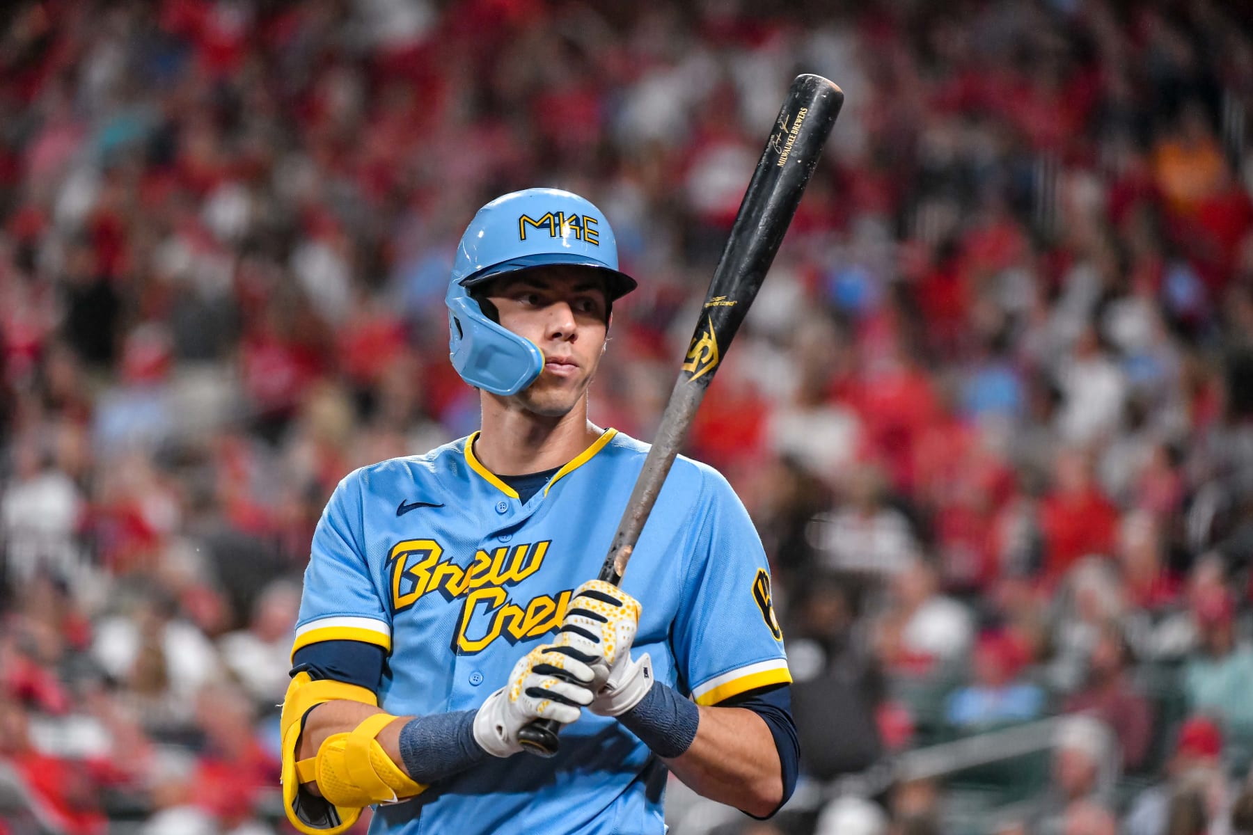 ST. LOUIS, MO - SEP 13: Milwaukee Brewers left fielder Christian Yelich (22) during a game between the Milwaukee Brewers and the St. Louis Cardinals on Sep 13, 2022, at Busch Stadium in St. Louis MO (Photo by Rick Ulreich/Icon Sportswire via Getty Images)