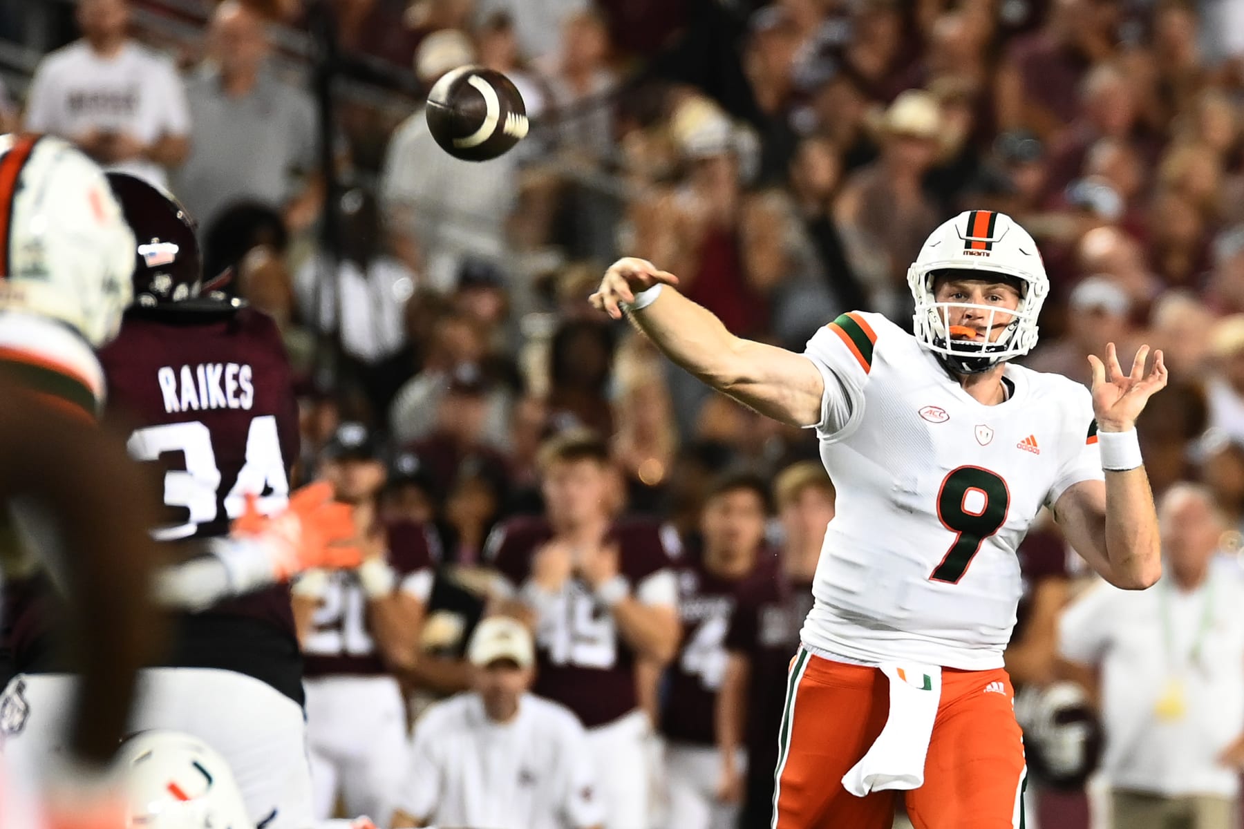 COLLEGE STATION, TEXAS - SEPTEMBER 17: Tyler Van Dyke #9 of the Miami Hurricanes throws a pass against the Texas A&M Aggies during the first half of the game at Kyle Field on September 17, 2022 in College Station, Texas. (Photo by Jack Gorman/Getty Images)
