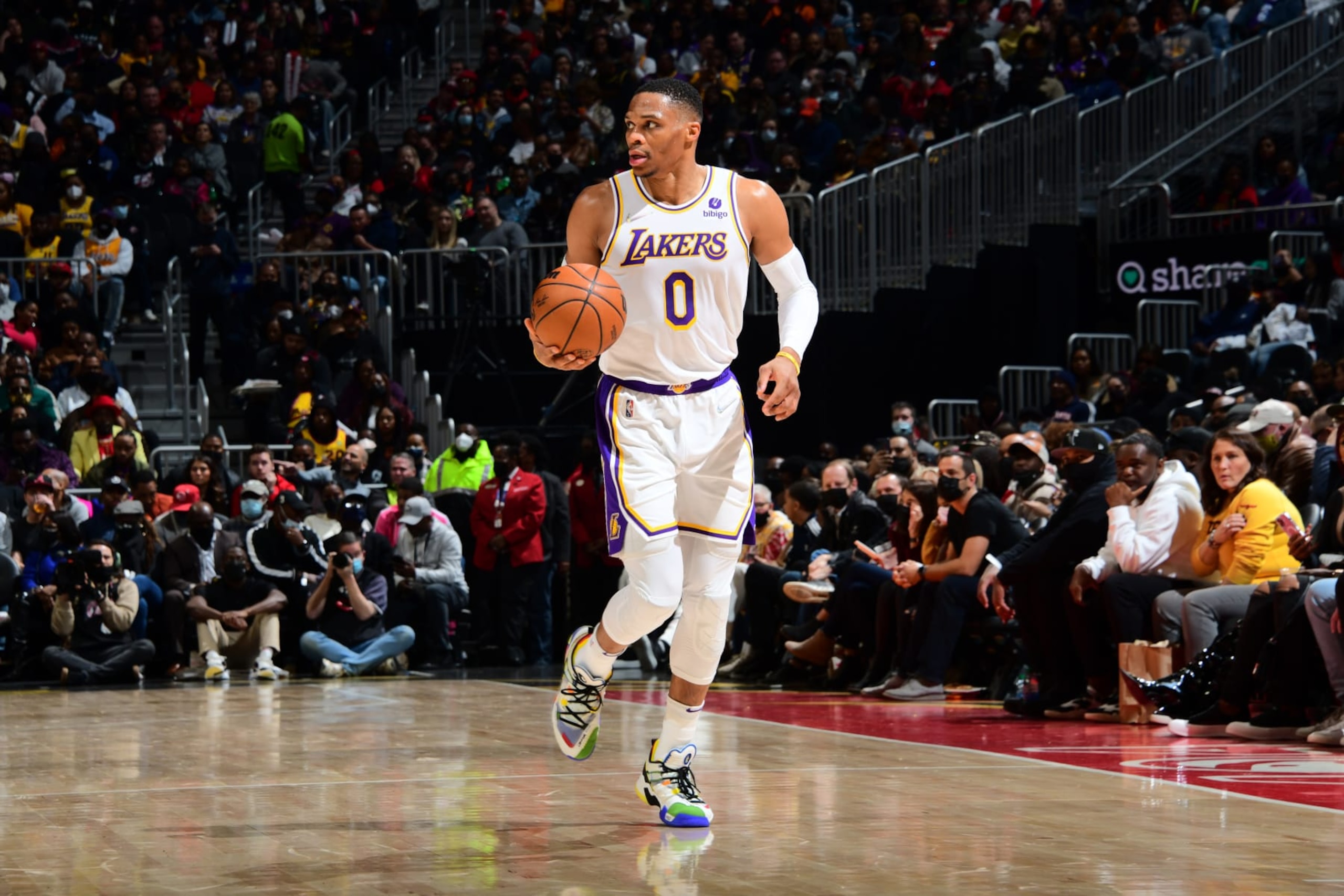 ATLANTA, GA - JANUARY 30: Russell Westbrook #0 of the Los Angeles Lakers dribbles the ball during the game against the Atlanta Hawks on January 30, 2022 at State Farm Arena in Atlanta, Georgia. NOTE TO USER: User expressly acknowledges and agrees that, by downloading and/or using this Photograph, user is consenting to the terms and conditions of the Getty Images License Agreement. Mandatory Copyright Notice: Copyright 2022 NBAE (Photo by Scott Cunningham/NBAE via Getty Images) ATLANTA, GA - JANUARY 30: Russell Westbrook #0 of the Los Angeles Lakers dribbles the ball during the game against the Atlanta Hawks on January 30, 2022 at State Farm Arena in Atlanta, Georgia. NOTE TO USER: User expressly acknowledges and agrees that, by downloading and/or using this Photograph, user is consenting to the terms and conditions of the Getty Images License Agreement. Mandatory Copyright Notice: Copyright 2022 NBAE (Photo by Scott Cunningham/NBAE via Getty Images)