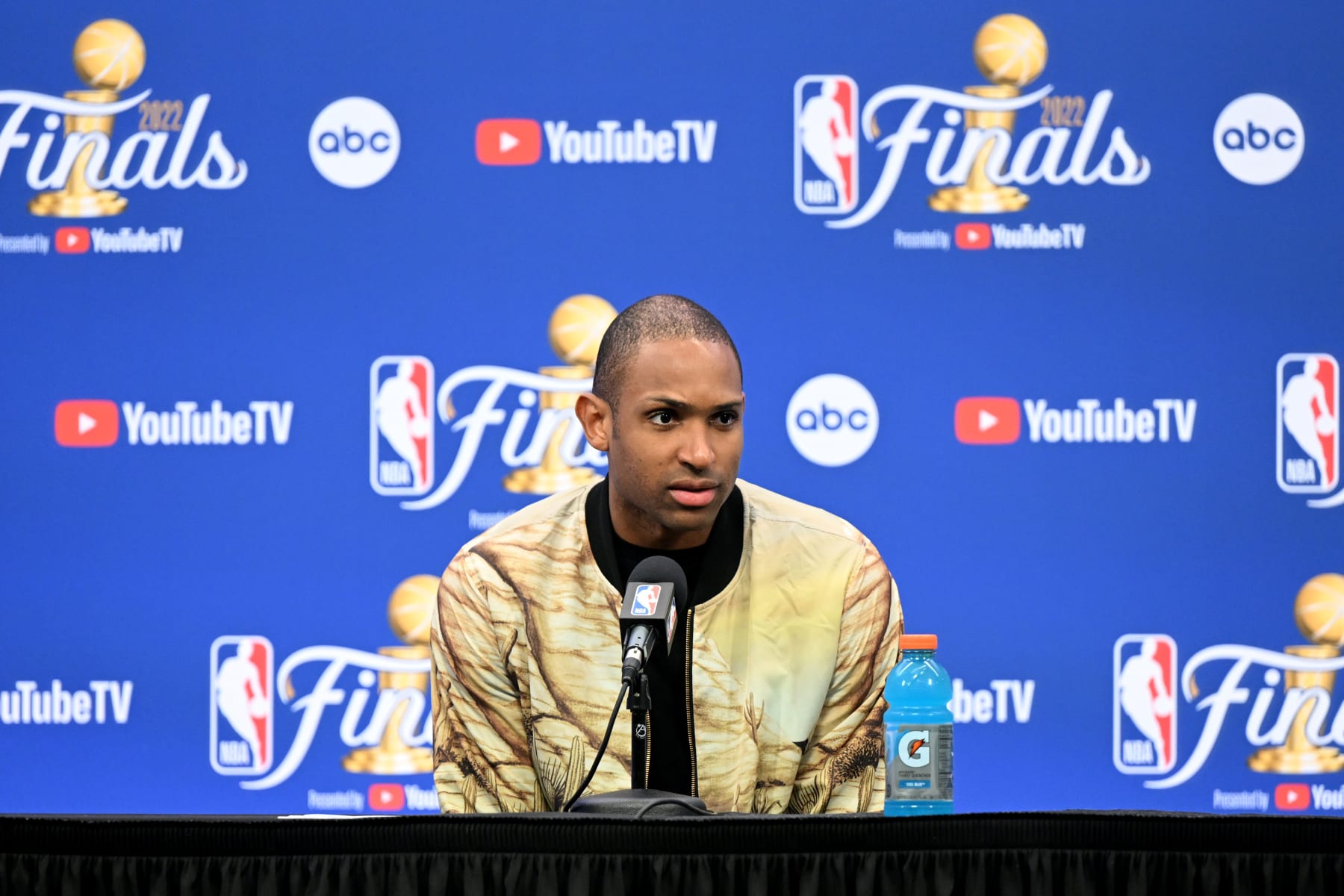 BOSTON, MA - JUNE 16: Al Horford #42 of the Boston Celtics talks to the media after the game against the Golden State Warriors during Game Six of the 2022 NBA Finals on June 16, 2022 at the TD Garden in Boston, Massachusetts. NOTE TO USER: User expressly acknowledges and agrees that, by downloading and or using this photograph, User is consenting to the terms and conditions of the Getty Images License Agreement. Mandatory Copyright Notice: Copyright 2022 NBAE (Photo by Annette Grant/NBAE via Getty Images)