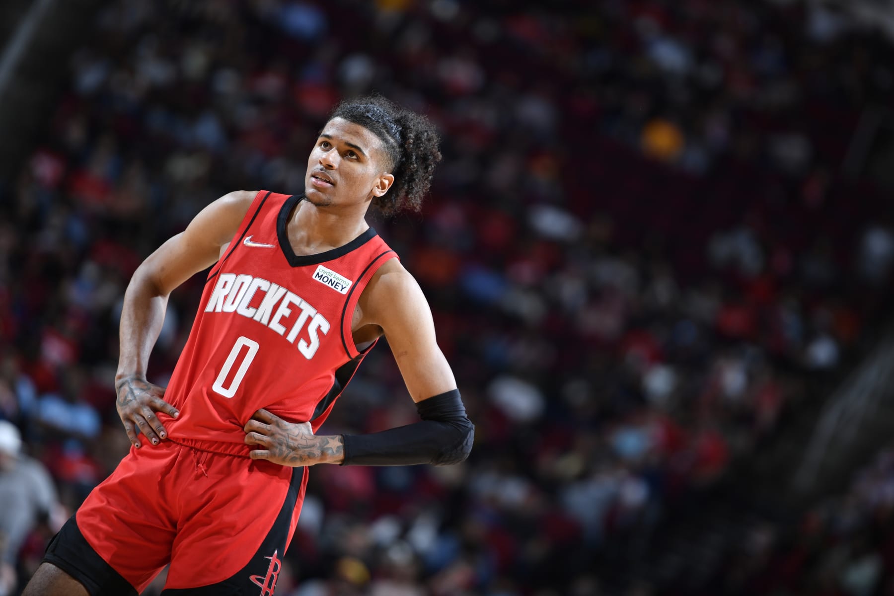 HOUSTON, TX - APRIL 10: Jalen Green #0 of the Houston Rockets looks on during the game against the Atlanta Hawks on April 10, 2022 at the Toyota Center in Houston, Texas. NOTE TO USER: User expressly acknowledges and agrees that, by downloading and or using this photograph, User is consenting to the terms and conditions of the Getty Images License Agreement. Mandatory Copyright Notice: Copyright 2022 NBAE (Photo by Logan Riely/NBAE via Getty Images)