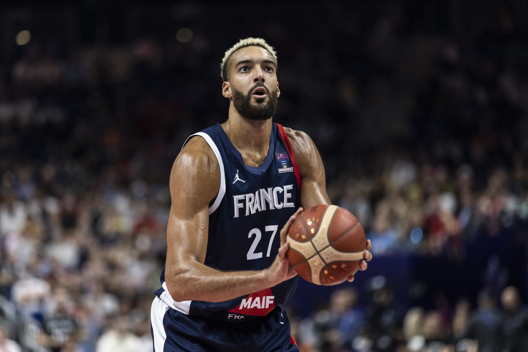 BERLIN, GERMANY - SEPTEMBER 16: Rudy Gobert of France shoots the ball during the FIBA EuroBasket 2022 semi-final match between Poland and France at EuroBasket Arena Berlin on September 16, 2022 in Berlin, Germany. (Photo by Maja Hitij/Getty Images)