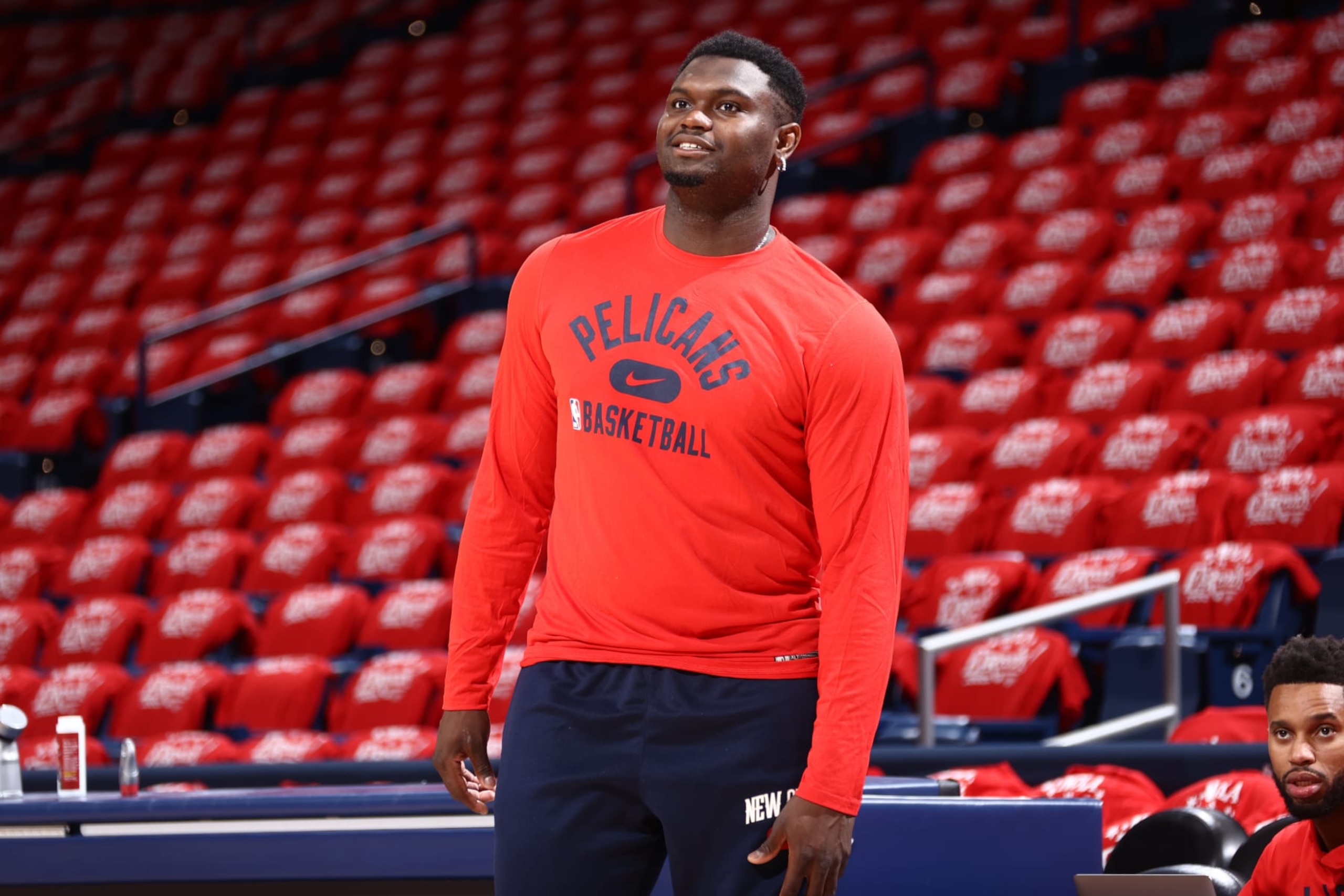 NEW ORLEANS, LA - APRIL 28: Zion Williamson #1 of the New Orleans Pelicans smiles before Round 1 Game 6 of the 2022 NBA Playoffs on April 28, 2022 at the Smoothie King Center in New Orleans, Louisiana. NOTE TO USER: User expressly acknowledges and agrees that, by downloading and or using this Photograph, user is consenting to the terms and conditions of the Getty Images License Agreement. Mandatory Copyright Notice: Copyright 2022 NBAE (Photo by Ned Dishman/NBAE via Getty Images) NEW ORLEANS, LA - APRIL 28: Zion Williamson #1 of the New Orleans Pelicans smiles before Round 1 Game 6 of the 2022 NBA Playoffs on April 28, 2022 at the Smoothie King Center in New Orleans, Louisiana. NOTE TO USER: User expressly acknowledges and agrees that, by downloading and or using this Photograph, user is consenting to the terms and conditions of the Getty Images License Agreement. Mandatory Copyright Notice: Copyright 2022 NBAE (Photo by Ned Dishman/NBAE via Getty Images)