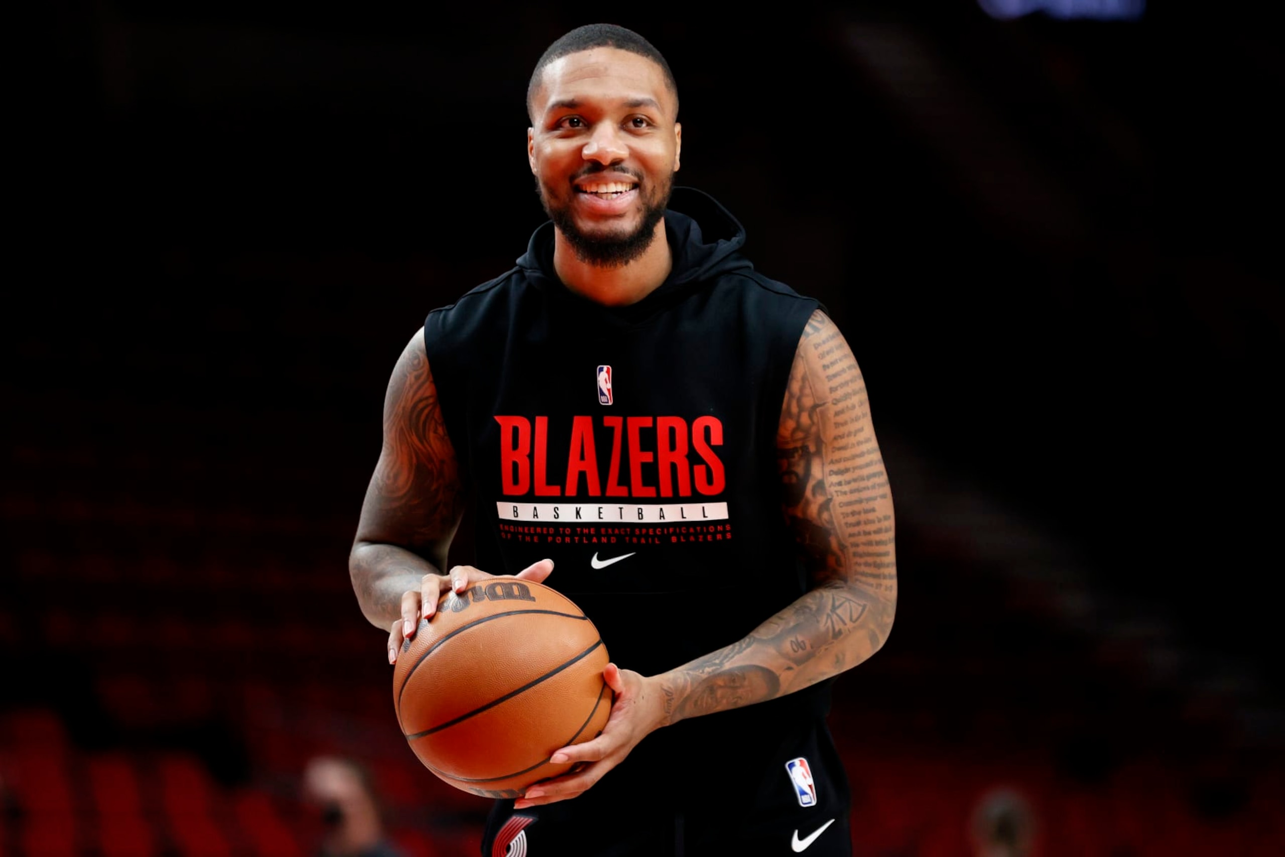 PORTLAND, OREGON - FEBRUARY 08: Damian Lillard #0 of the Portland Trail Blazers warms up before the game against the Orlando Magic at Moda Center on February 08, 2022 in Portland, Oregon. NOTE TO USER: User expressly acknowledges and agrees that, by downloading and/or using this photograph, User is consenting to the terms and conditions of the Getty Images License Agreement. (Photo by Steph Chambers/Getty Images) (Photo by Steph Chambers/Getty Images) PORTLAND, OREGON - FEBRUARY 08: Damian Lillard #0 of the Portland Trail Blazers warms up before the game against the Orlando Magic at Moda Center on February 08, 2022 in Portland, Oregon. NOTE TO USER: User expressly acknowledges and agrees that, by downloading and/or using this photograph, User is consenting to the terms and conditions of the Getty Images License Agreement. (Photo by Steph Chambers/Getty Images) (Photo by Steph Chambers/Getty Images)