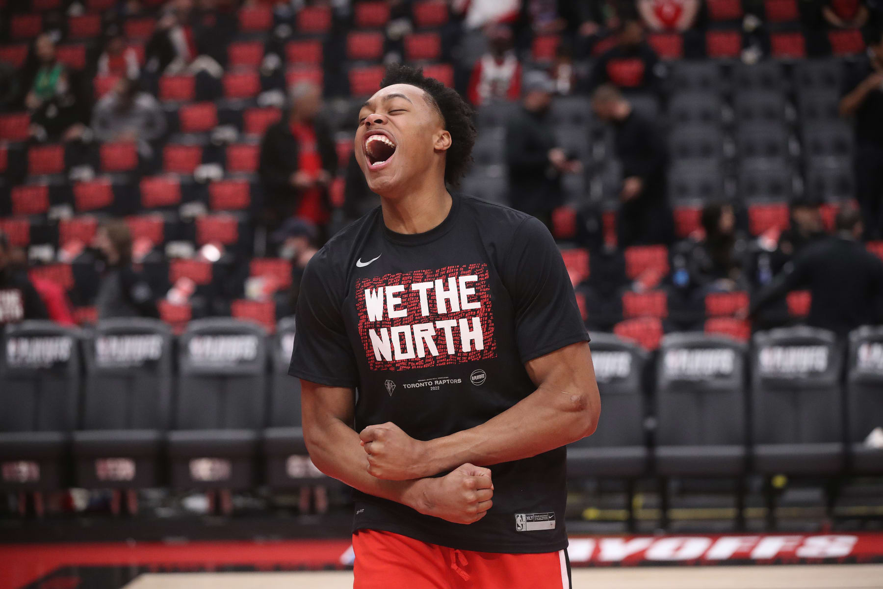TORONTO, ON- APRIL 23  - Toronto Raptors forward Scottie Barnes (4) had energy during warm-ups as the Toronto Raptors beat the Philadelphia 76ers in Game 4 110-102 of their first round NBA playoff series  in Scotiabank Arena in Toronto. April 23, 2022.        (Steve Russell/Toronto Star via Getty Images)