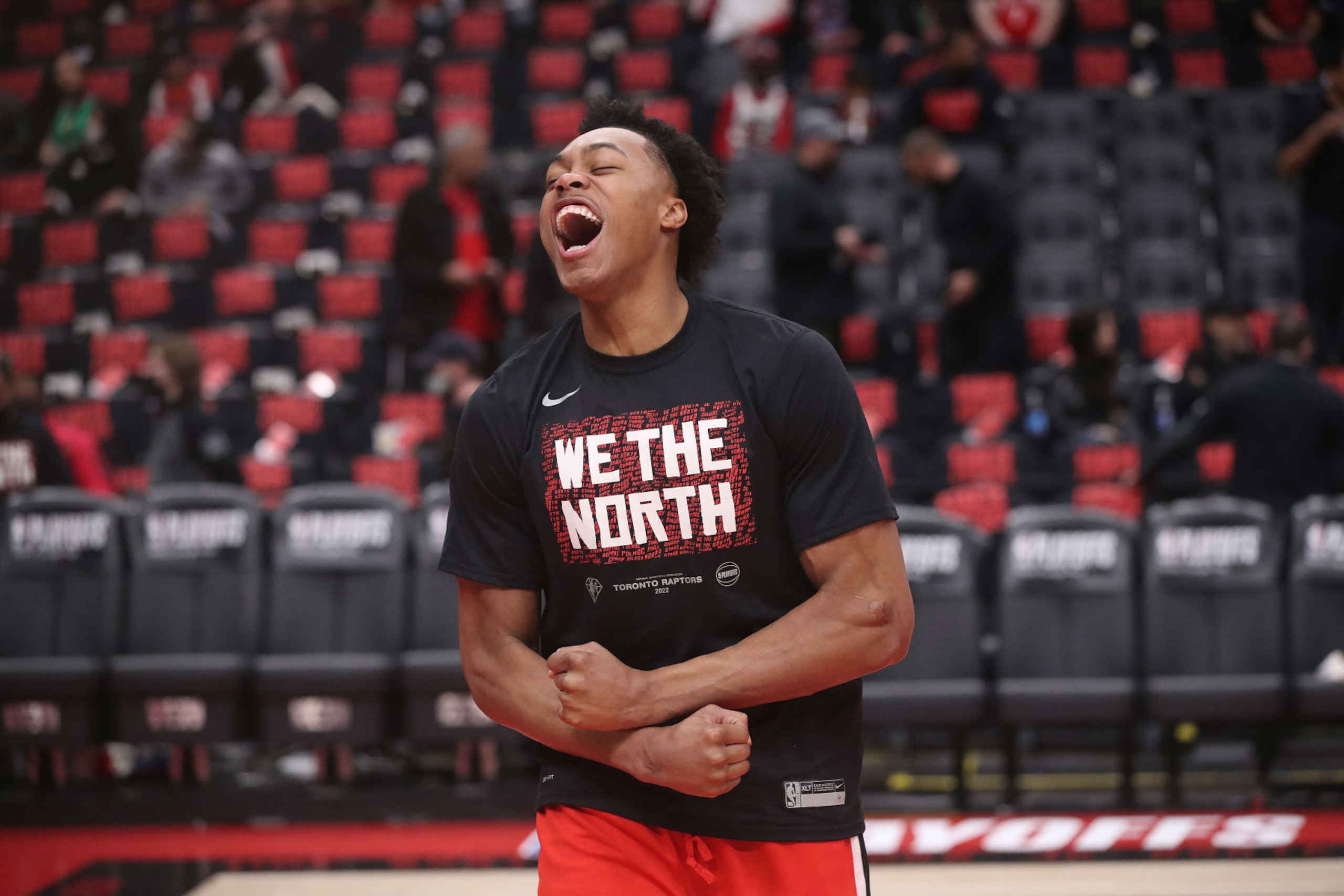 TORONTO, ON- APRIL 23 - Toronto Raptors forward Scottie Barnes (4) had energy during warm-ups as the Toronto Raptors beat the Philadelphia 76ers in Game 4 110-102 of their first round NBA playoff series in Scotiabank Arena in Toronto. April 23, 2022. (Steve Russell/Toronto Star via Getty Images) TORONTO, ON- APRIL 23 - Toronto Raptors forward Scottie Barnes (4) had energy during warm-ups as the Toronto Raptors beat the Philadelphia 76ers in Game 4 110-102 of their first round NBA playoff series in Scotiabank Arena in Toronto. April 23, 2022. (Steve Russell/Toronto Star via Getty Images)