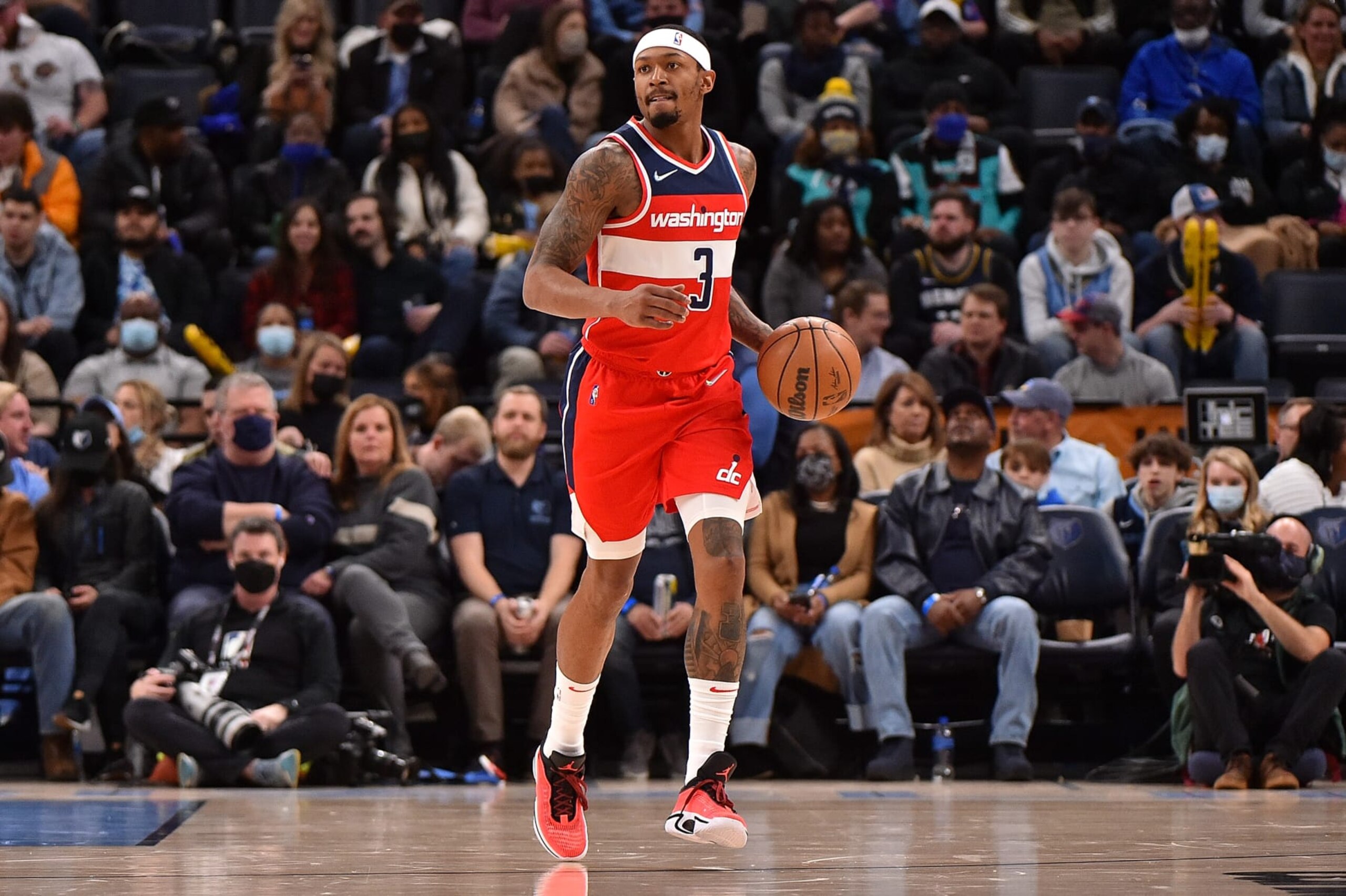 MEMPHIS, TENNESSEE - JANUARY 29: Bradley Beal #3 of the Washington Wizards brings the ball up court during the game against the Memphis Grizzlies at FedExForum on January 29, 2022 in Memphis, Tennessee. NOTE TO USER: User expressly acknowledges and agrees that, by downloading and or using this photograph, User is consenting to the terms and conditions of the Getty Images License Agreement. (Photo by Justin Ford/Getty Images) MEMPHIS, TENNESSEE - JANUARY 29: Bradley Beal #3 of the Washington Wizards brings the ball up court during the game against the Memphis Grizzlies at FedExForum on January 29, 2022 in Memphis, Tennessee. NOTE TO USER: User expressly acknowledges and agrees that, by downloading and or using this photograph, User is consenting to the terms and conditions of the Getty Images License Agreement. (Photo by Justin Ford/Getty Images)