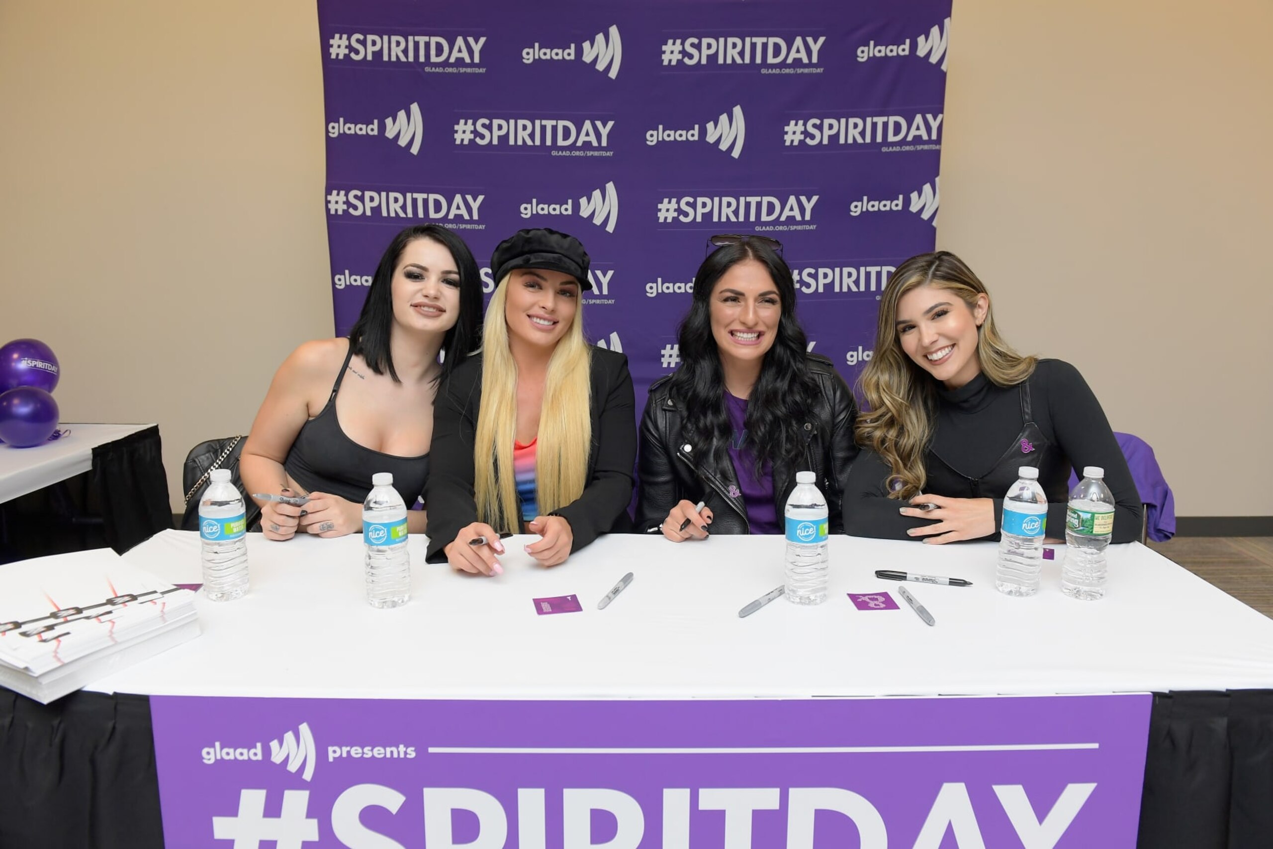 NEW YORK, NY - OCTOBER 05:  Paige, Mandy Rose, Sonya DeVille and Cathy Kelley attend Meet WWE Superstars during 2018 New York Comic Con at The Queer Lounge at Javits Center on October 5, 2018 in New York City.  (Photo by Roy Rochlin/Getty Images)