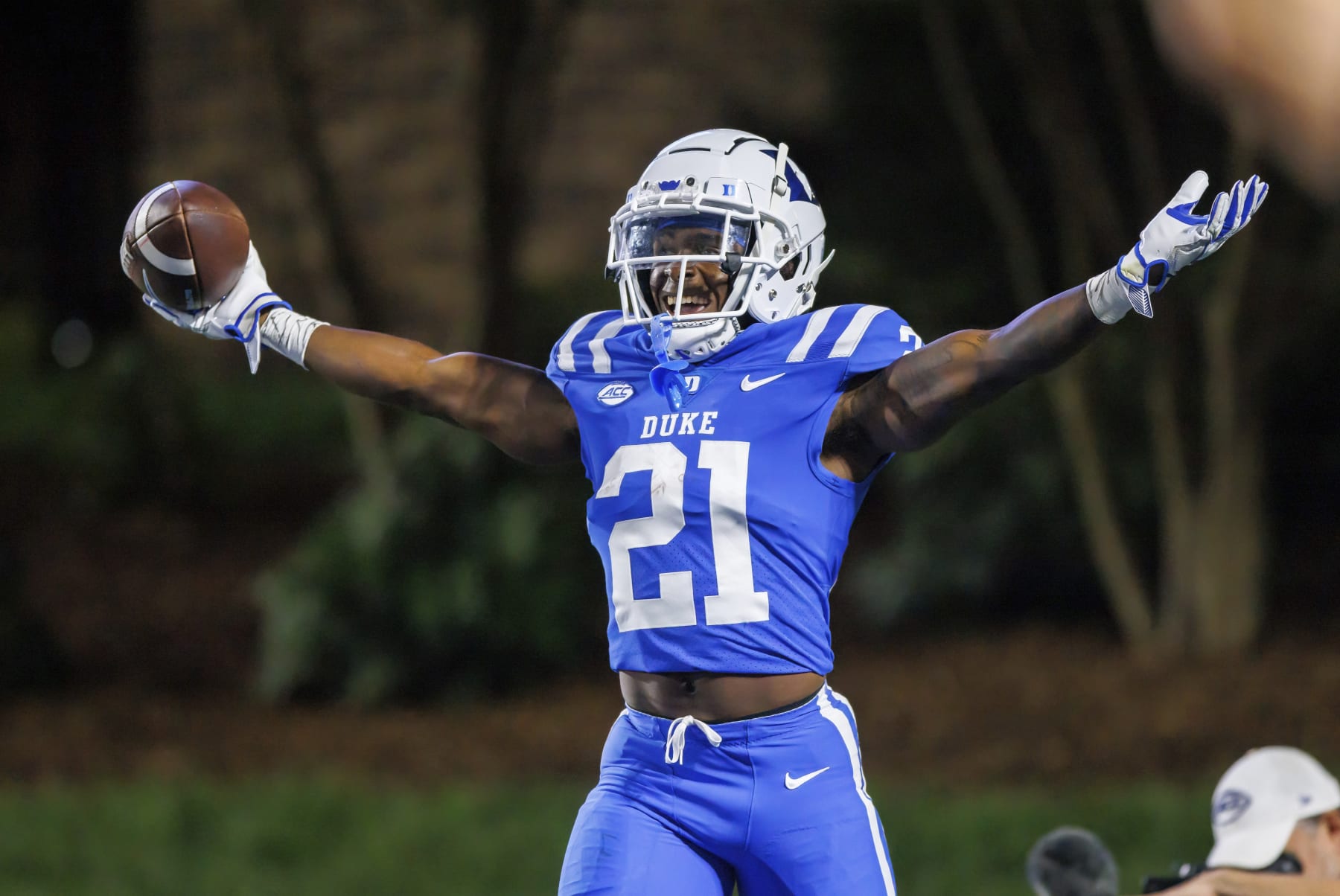 Duke's Eric Weatherly (21) celebrates after scoring a touchdown during the second half of an NCAA college football game against North Carolina A&T in Durham, N.C., Saturday, Sept. 17, 2022. (AP Photo/Ben McKeown)