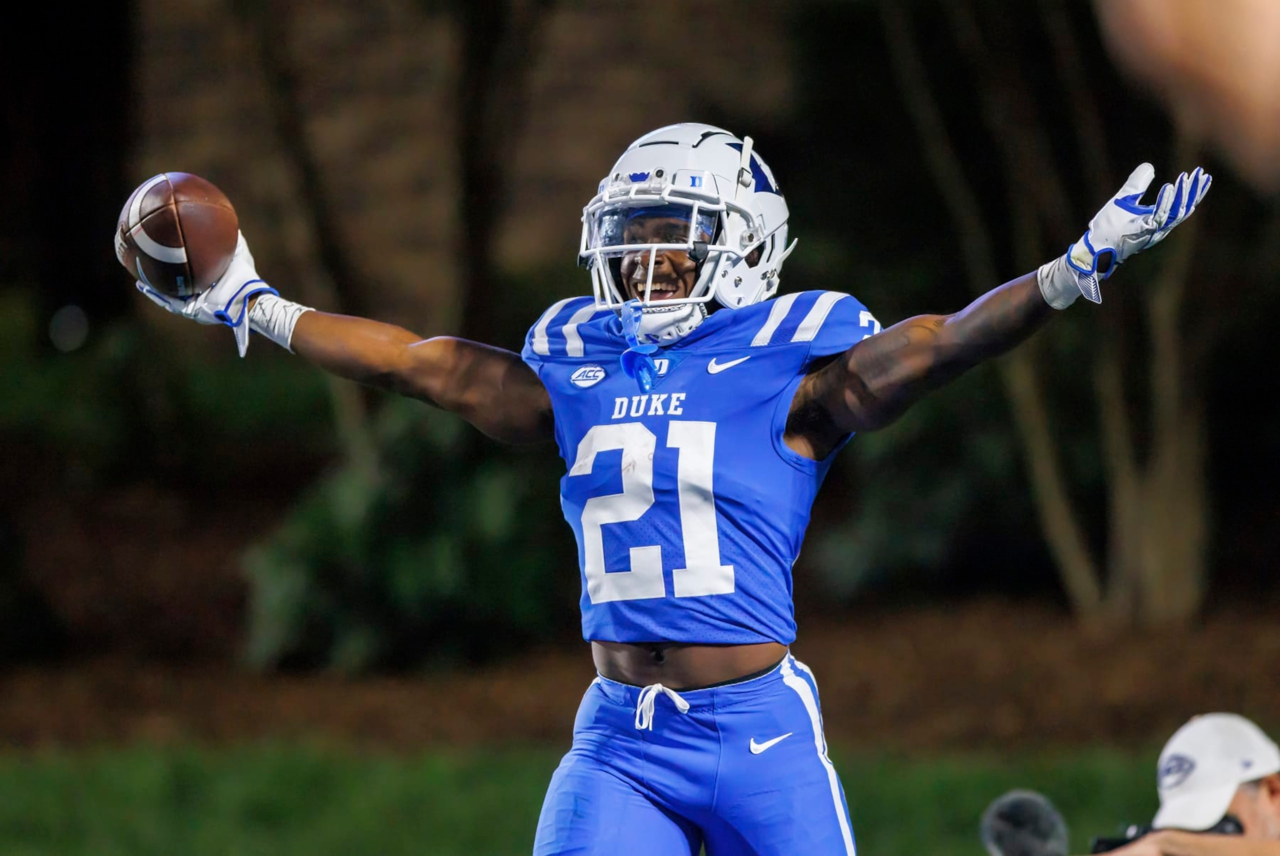 Duke's Eric Weatherly (21) celebrates after scoring a touchdown during the second half of an NCAA college football game against North Carolina A&T in Durham, N.C., Saturday, Sept. 17, 2022. (AP Photo/Ben McKeown)