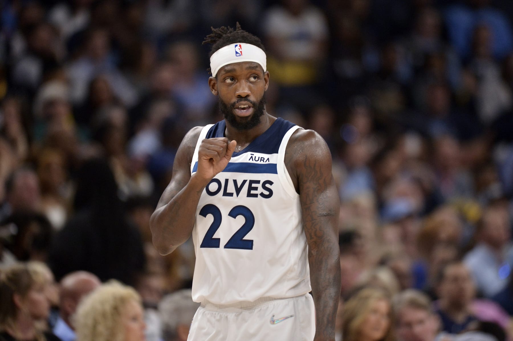 Minnesota Timberwolves guard Patrick Beverley (22) plays in the first half during Game 5 of a first-round NBA basketball playoff series against the Memphis Grizzlies Tuesday, April 26, 2022, in Memphis, Tenn. (AP Photo/Brandon Dill)